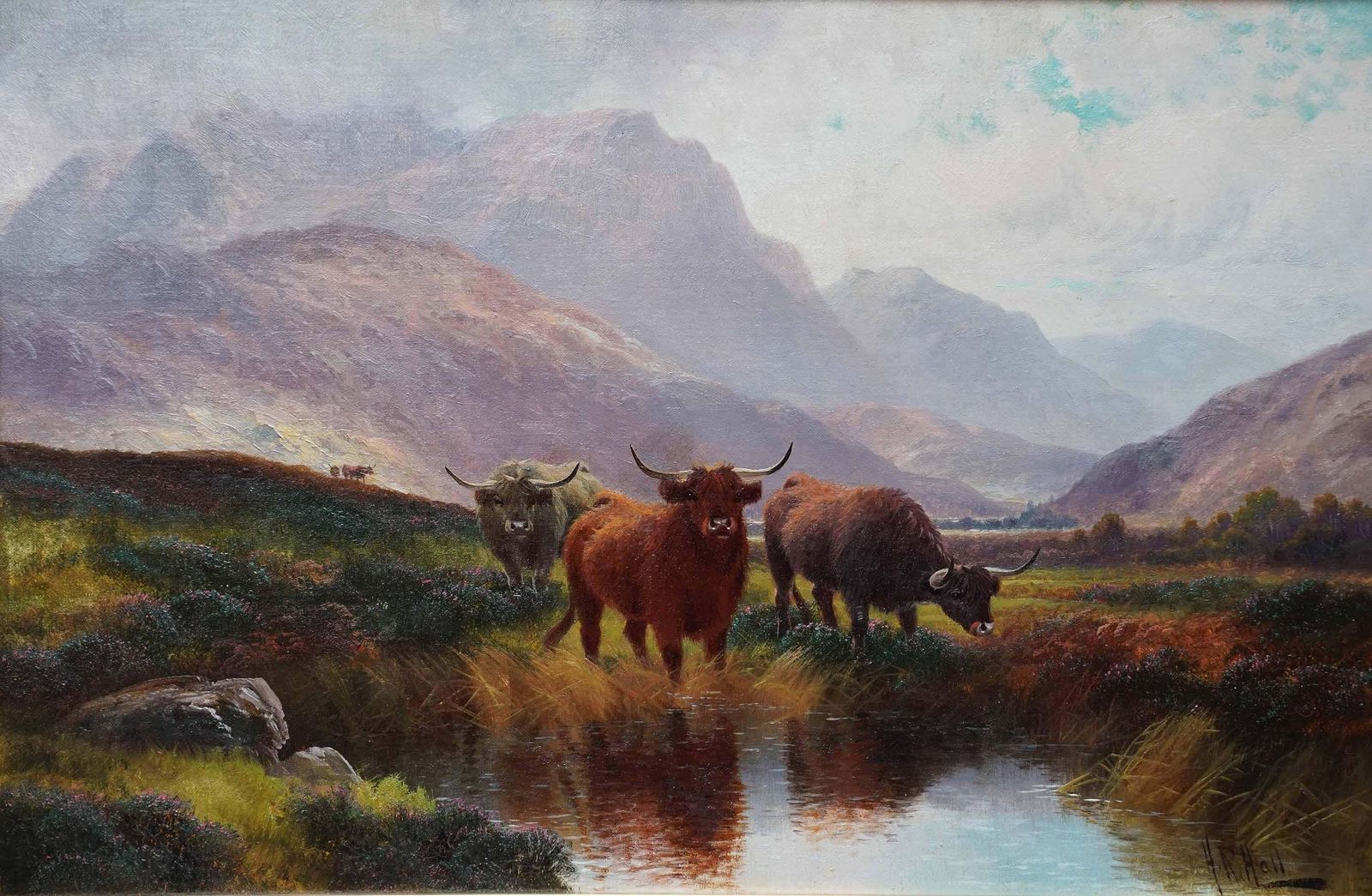 photo for sale Henry Robinson Hallhighland Cattle At A Moorland Pool, Perthshire   British C1900 Art Oil Paintingcirca 1900
