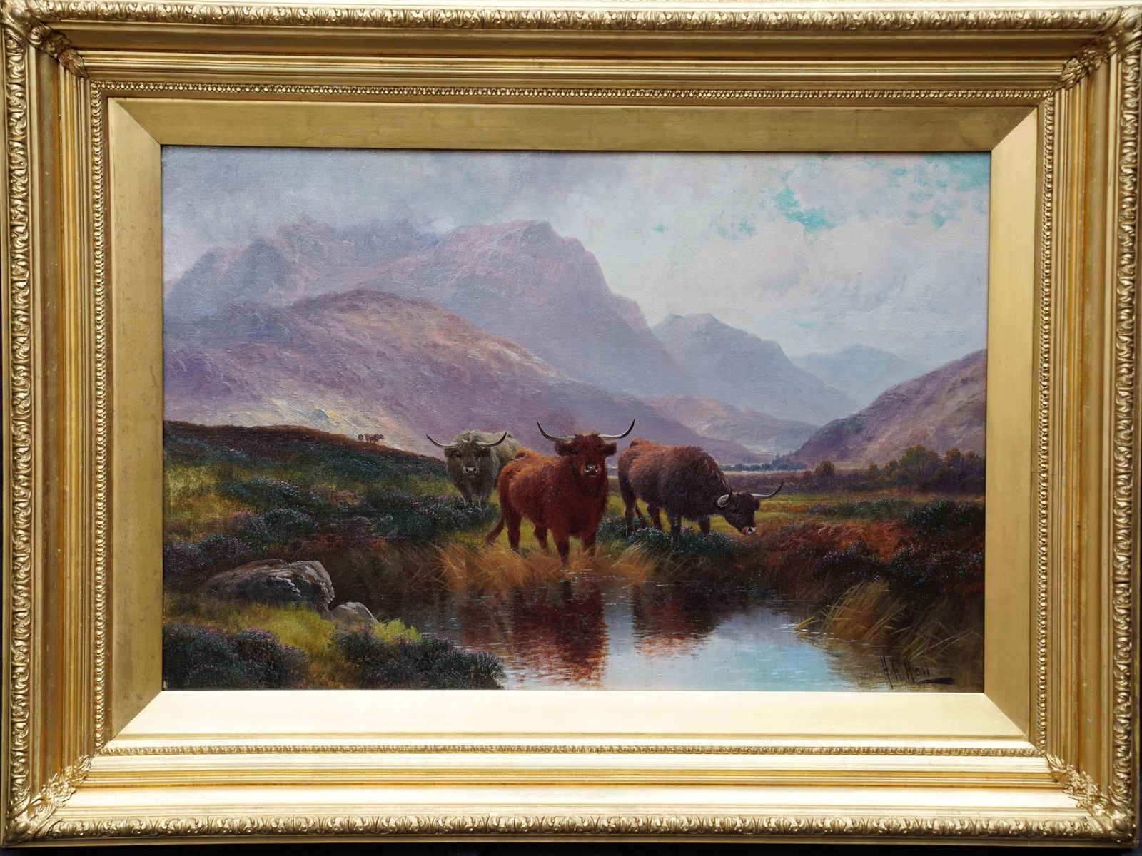 Art Henry Robinson Hallhighland Cattle At A Moorland Pool, Perthshire   British C1900 Art Oil Paintingcirca 1900 photo