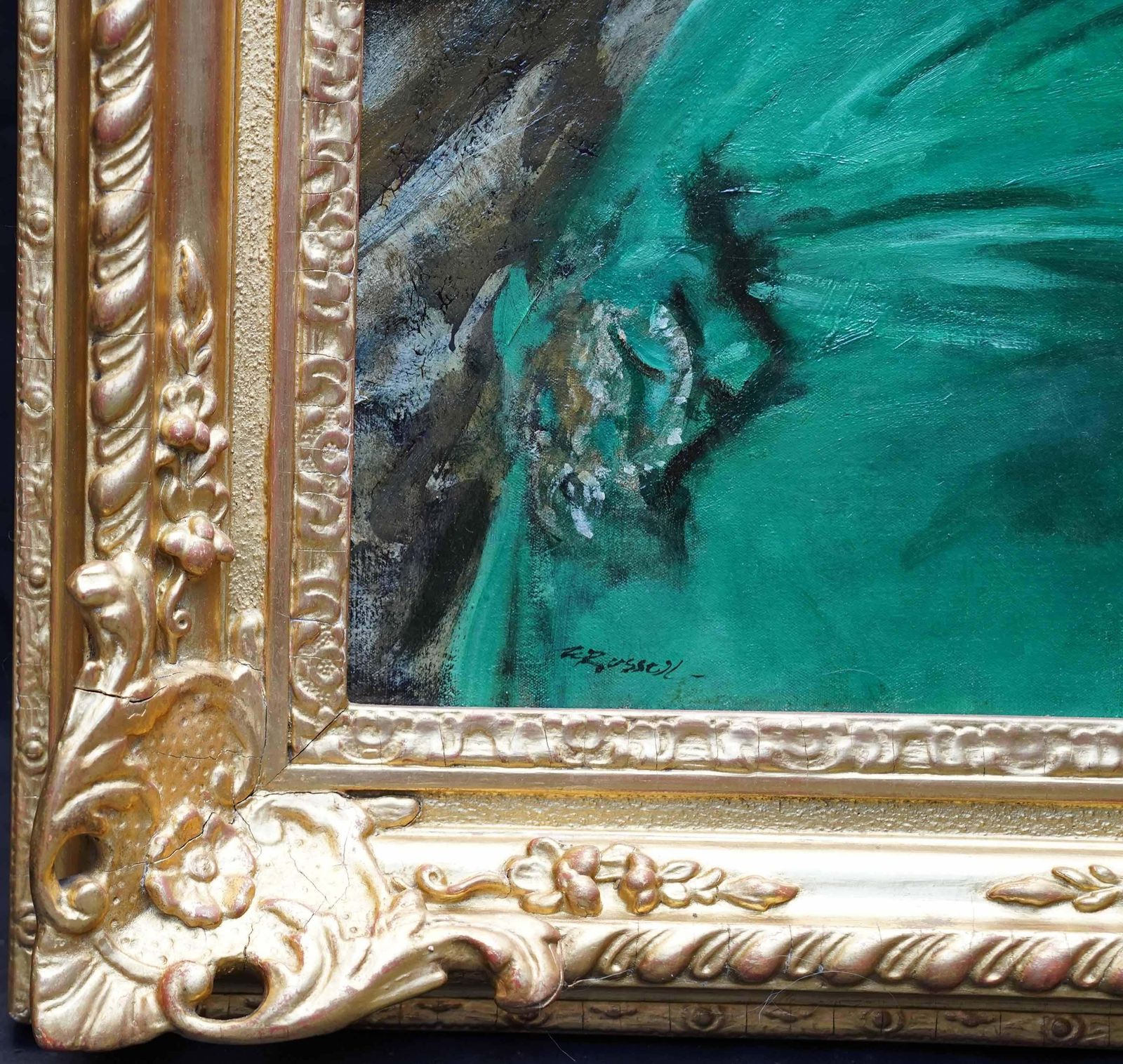 Art Walter Westley Russellportrait Of Mrs Guy Houlder In Green Dress   British Exhib Art Deco Oil Painting1927 photo