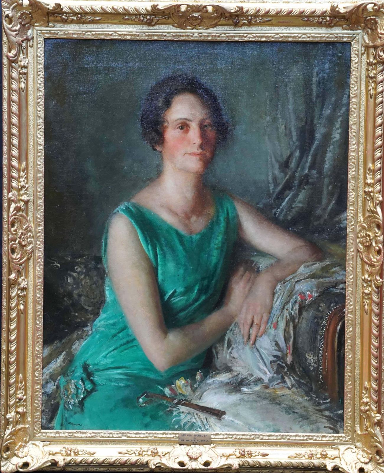 photo vinterior Walter Westley Russellportrait Of Mrs Guy Houlder In Green Dress   British Exhib Art Deco Oil Painting1927