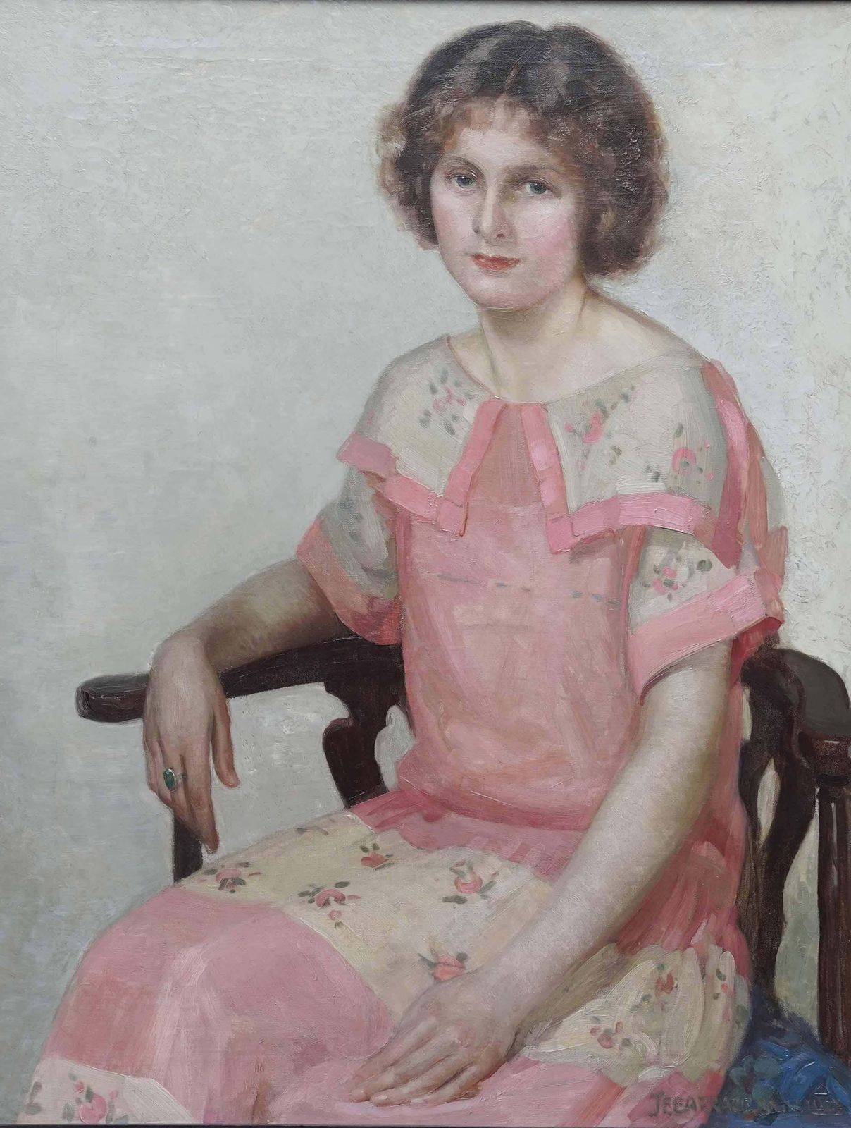 James P Barracloughportrait Of A Lady In Pink Dress   British 1920's Art Deco Portrait Oil Painting1923 photo furniture