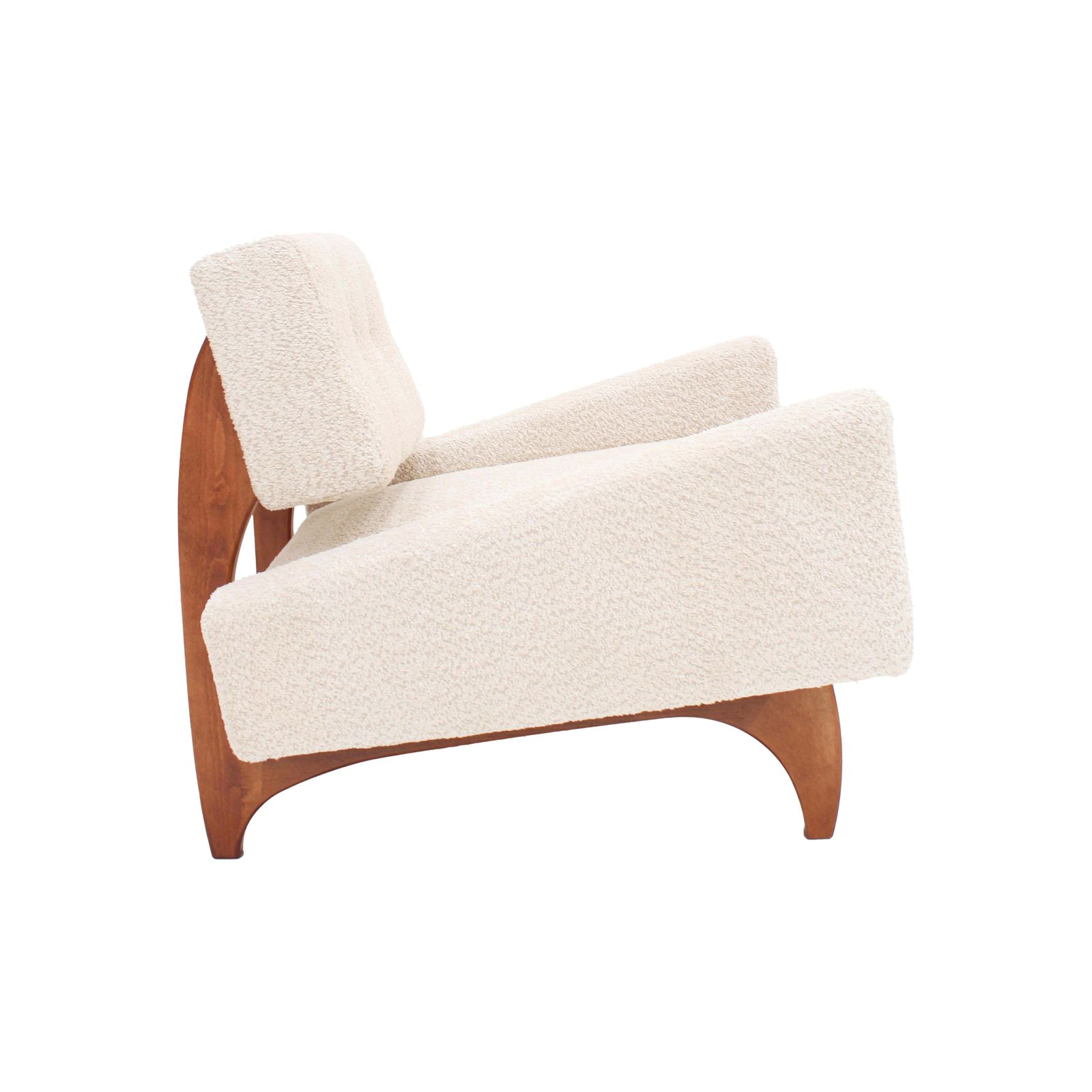 photo furniture Pair Of Italian Contemporary Walnut Armchairs With White Bouclé Upholstery