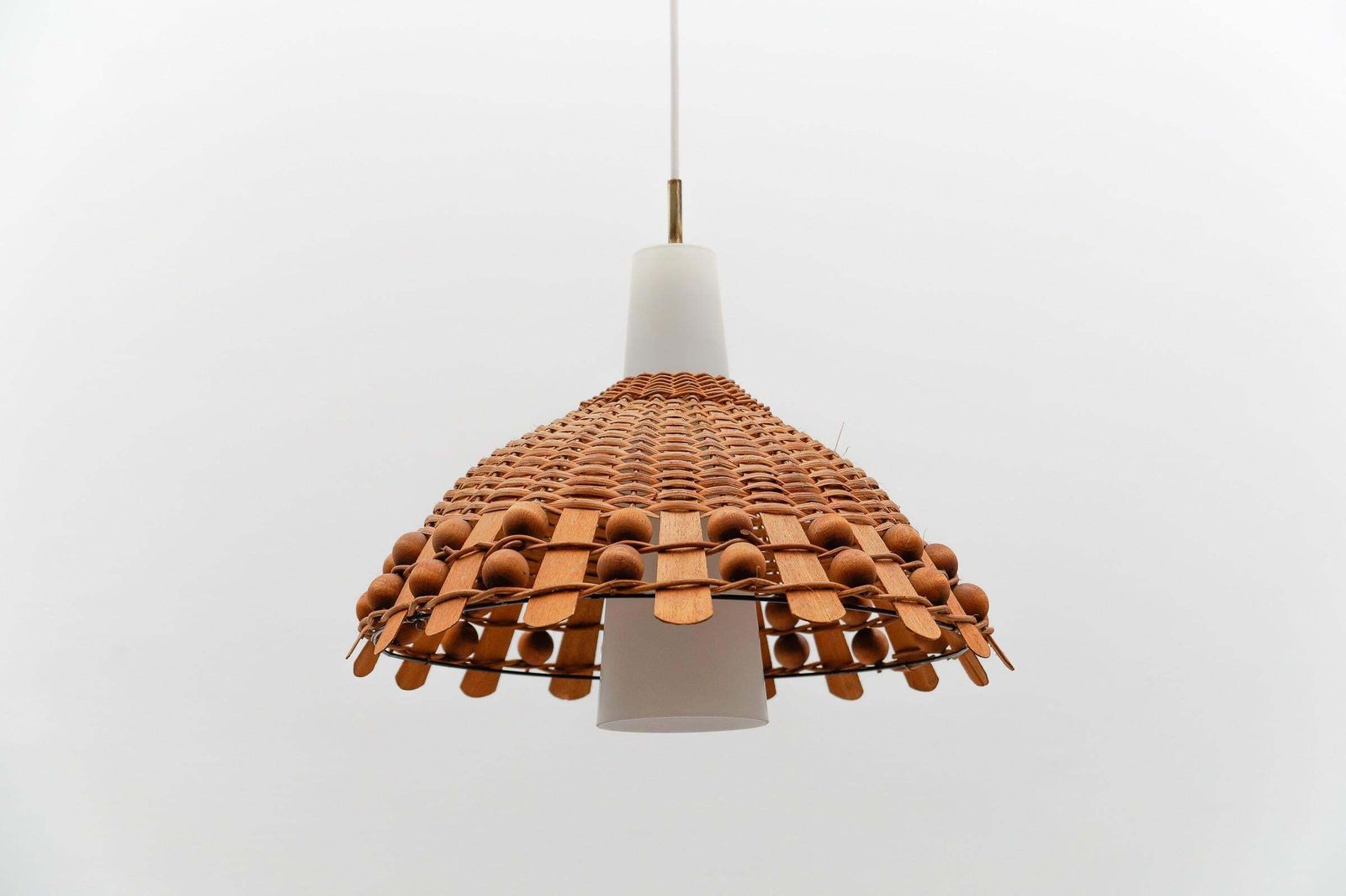 Mid Century Modern Pendant Light In Rattan And Opaline Glass And Copper , 1960s photo Lighting