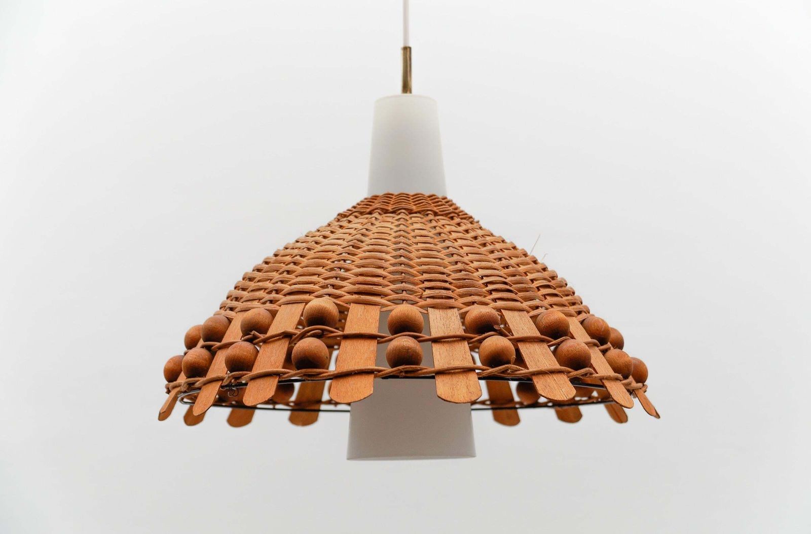 Mid Century Modern Pendant Light In Rattan And Opaline Glass And Copper , 1960s photo 1195.0