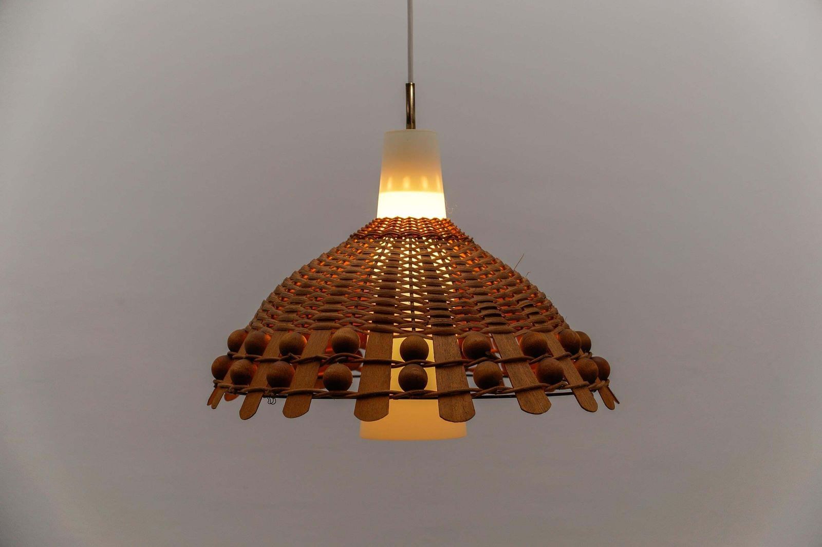Mid Century Modern Pendant Light In Rattan And Opaline Glass And Copper , 1960s photo vintage