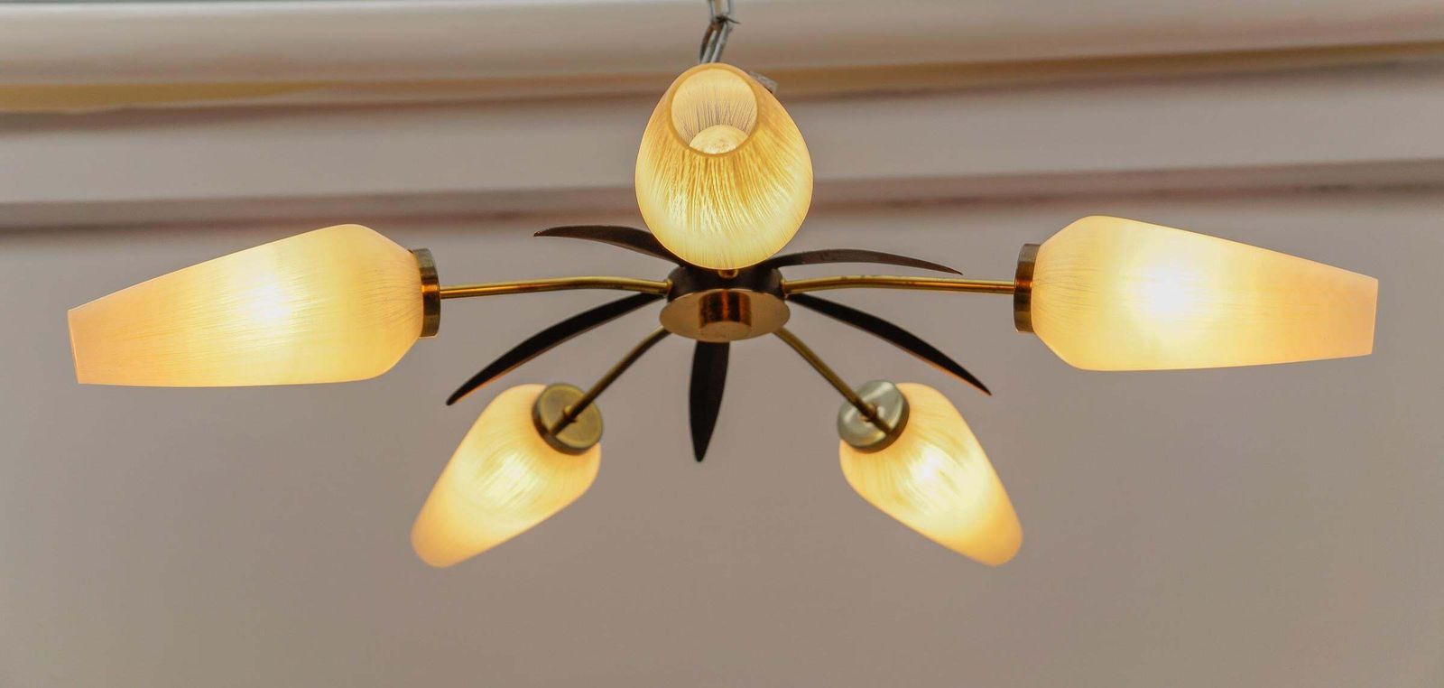 Mid Century Modern 5 Armed Brass And Glass Sputnik Lamp, 1950 photo vintage