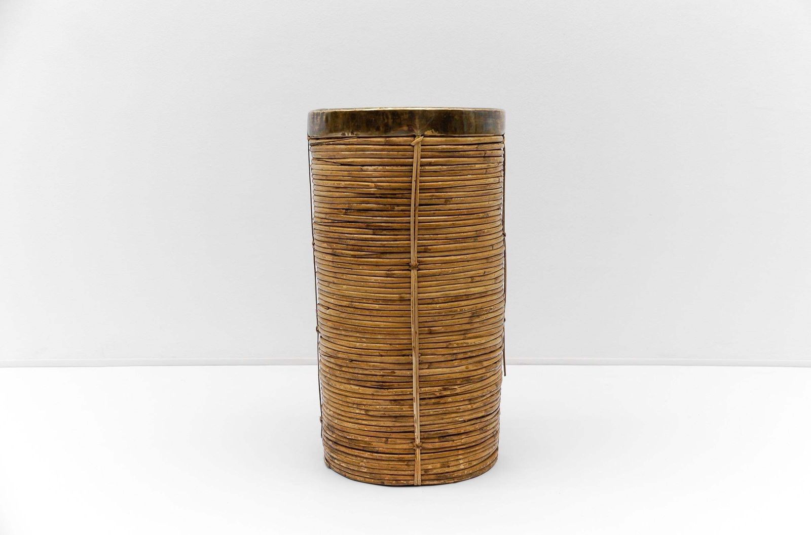 Lovely Rattan And Brass Umbrella Stand In Gebriella Crespi Style, 1960s Italy photo for sale