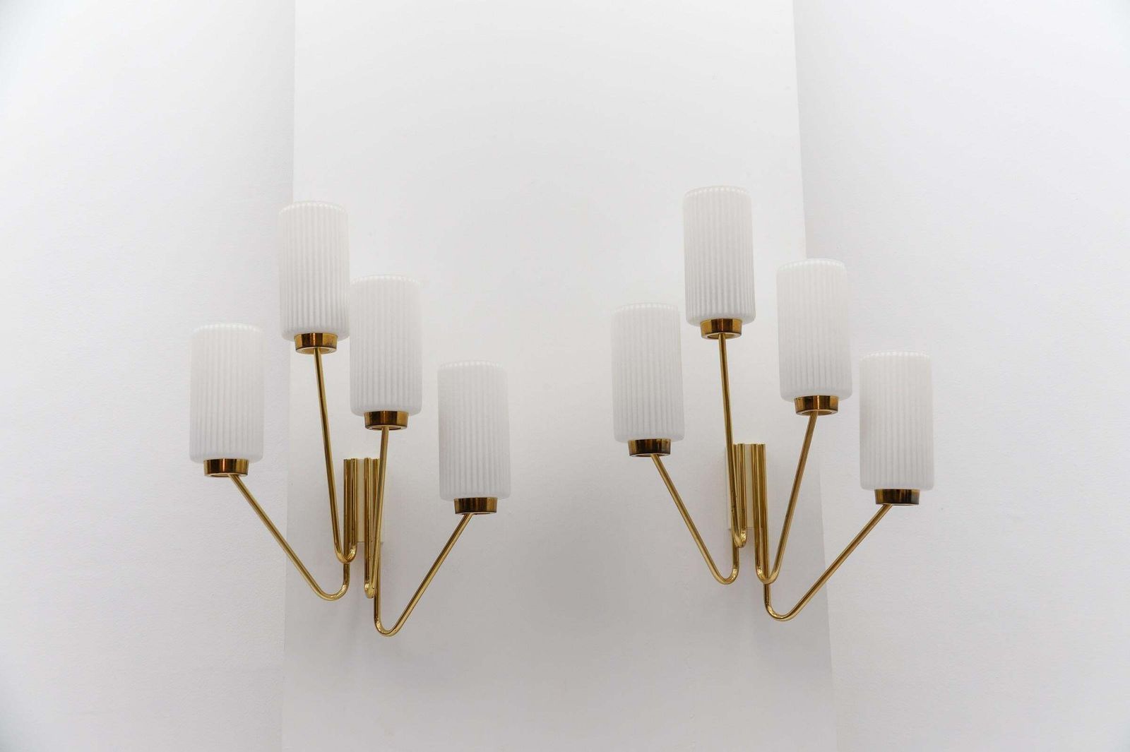 Pair Of Large Mid Century Modern Wall Lamps In Brass And Opaline Glass, 1950s photo for sale