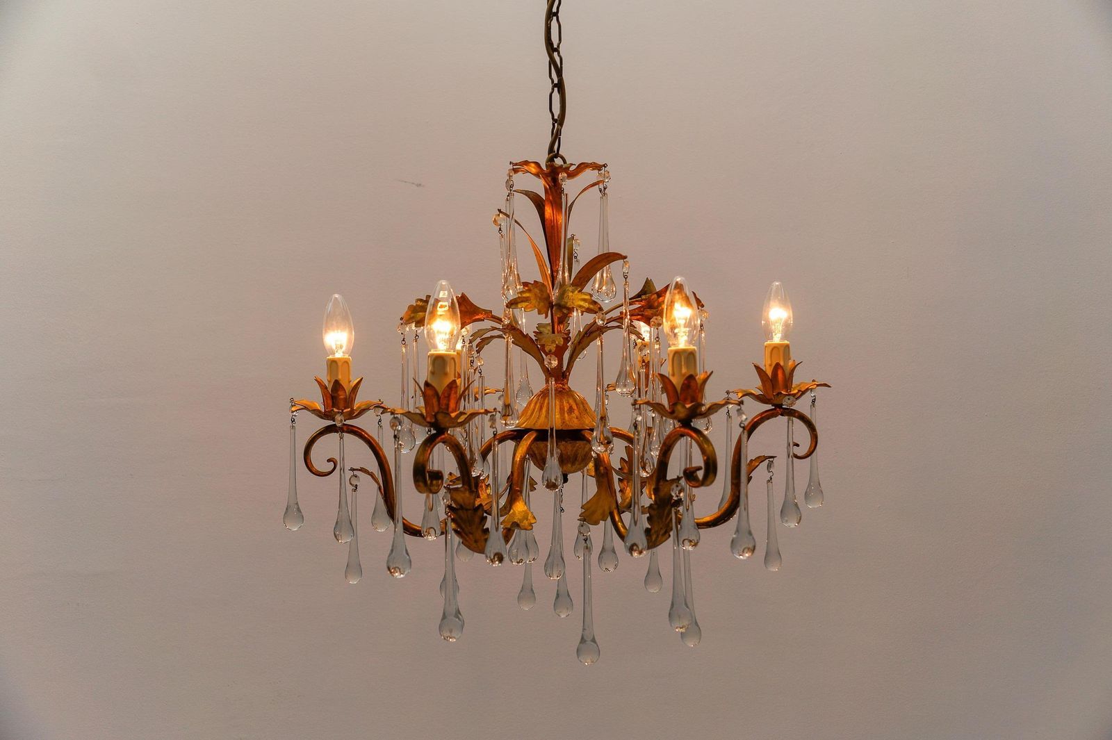 Huge Floral 6 Light Ceiling Lamp With Crystal Drops By Hans Kögl, Germany, 1970s photo vinterior