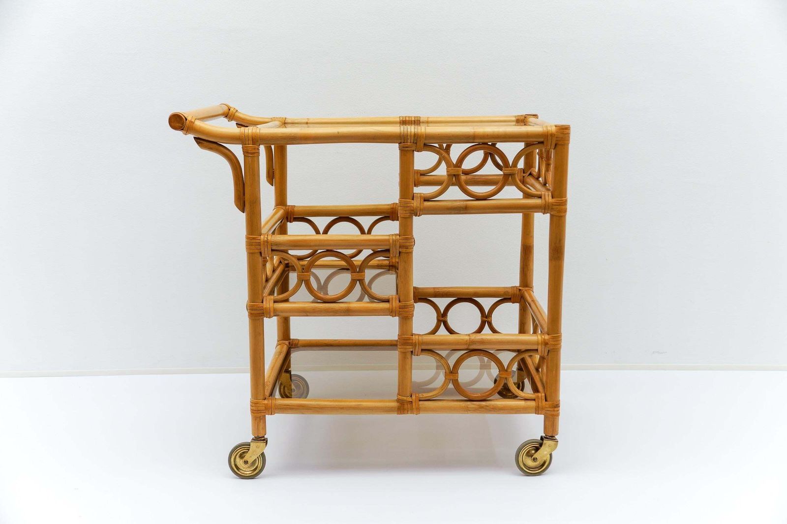 Bamboo And Smoked Glass Bar Cart Serving Trolley With Bottle Holder, 1950s Italy photo vinterior