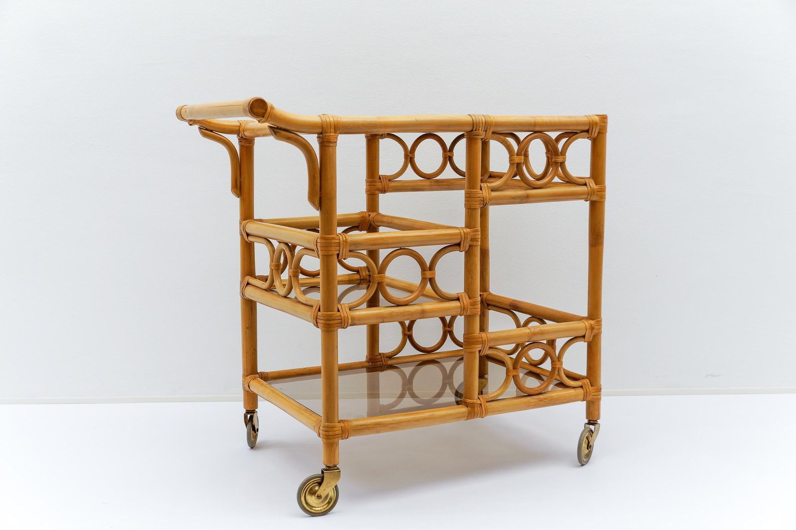 Bamboo And Smoked Glass Bar Cart Serving Trolley With Bottle Holder, 1950s Italy photo buy