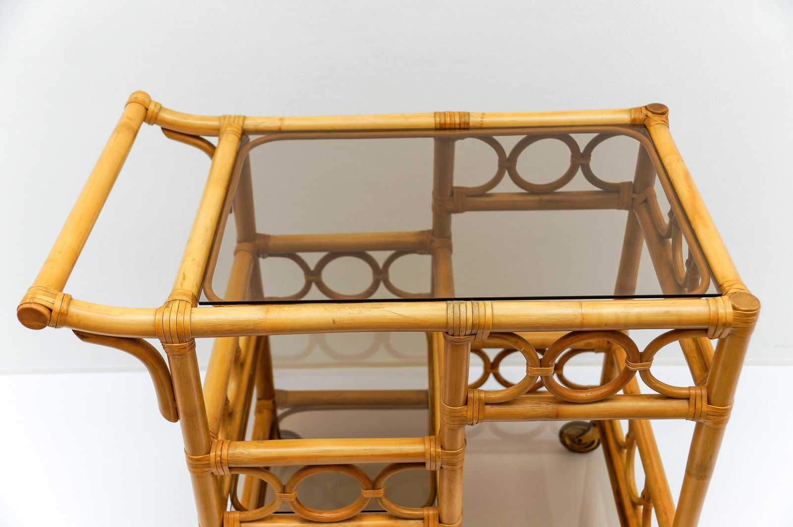 Home Decor Bamboo And Smoked Glass Bar Cart Serving Trolley With Bottle Holder, 1950s Italy photo