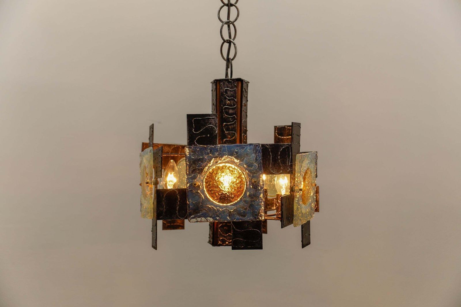 Rustic Ceiling Lamp In Wood, Iron And Murano Glass, 1960s Italy photo for sale