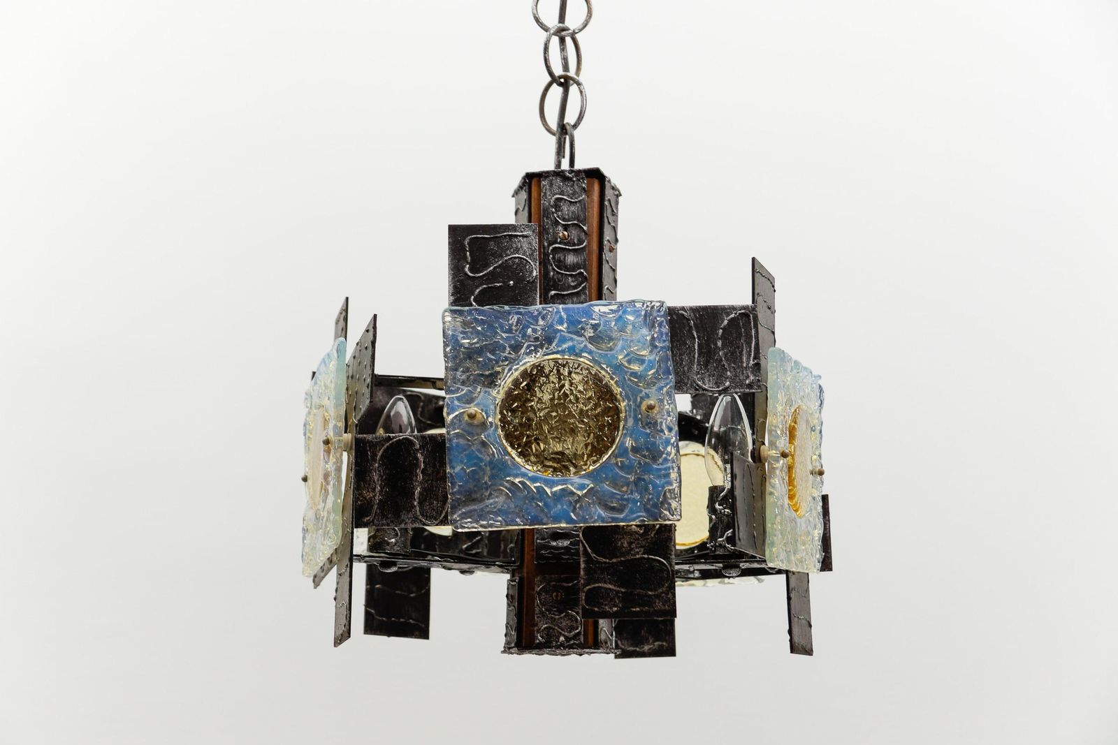 Rustic Ceiling Lamp In Wood, Iron And Murano Glass, 1960s Italy photo vinterior