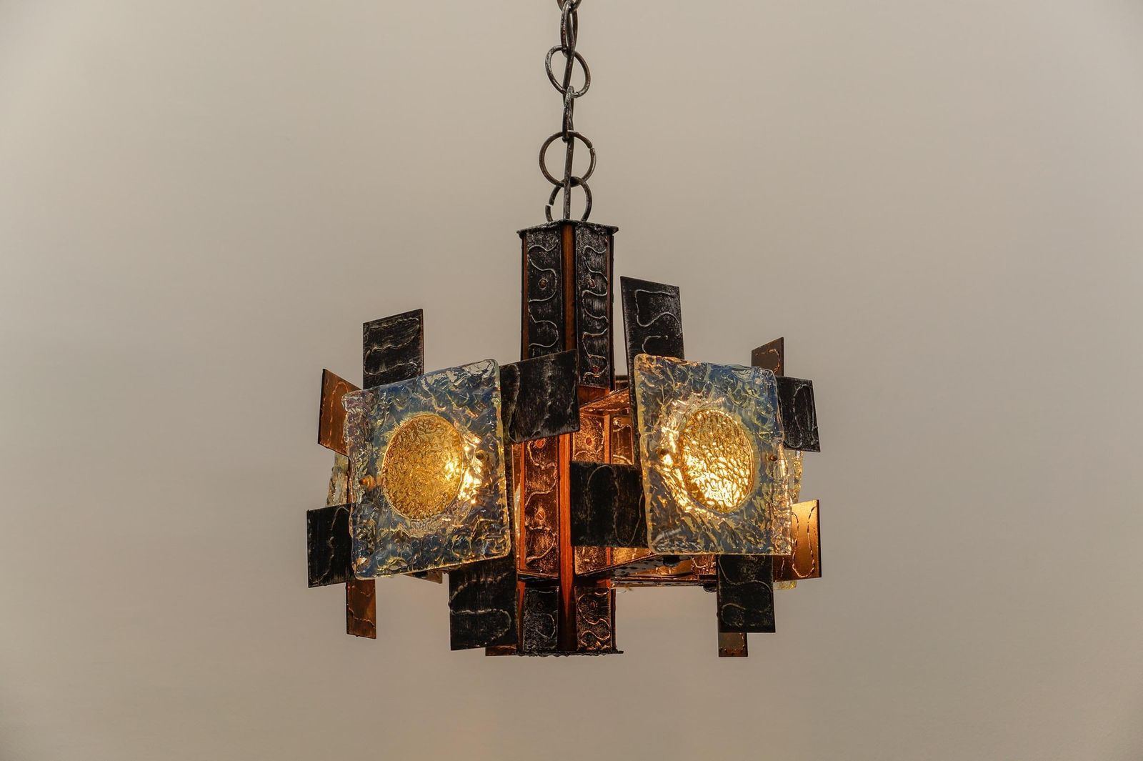 Rustic Ceiling Lamp In Wood, Iron And Murano Glass, 1960s Italy photo vintage