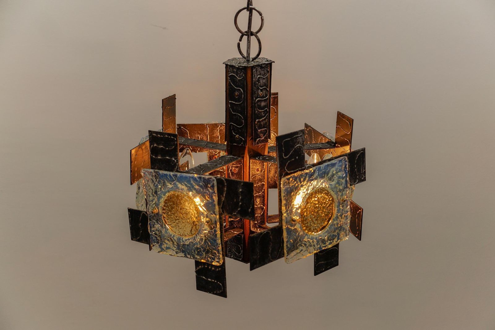 1256.0 Rustic Ceiling Lamp In Wood, Iron And Murano Glass, 1960s Italy photo