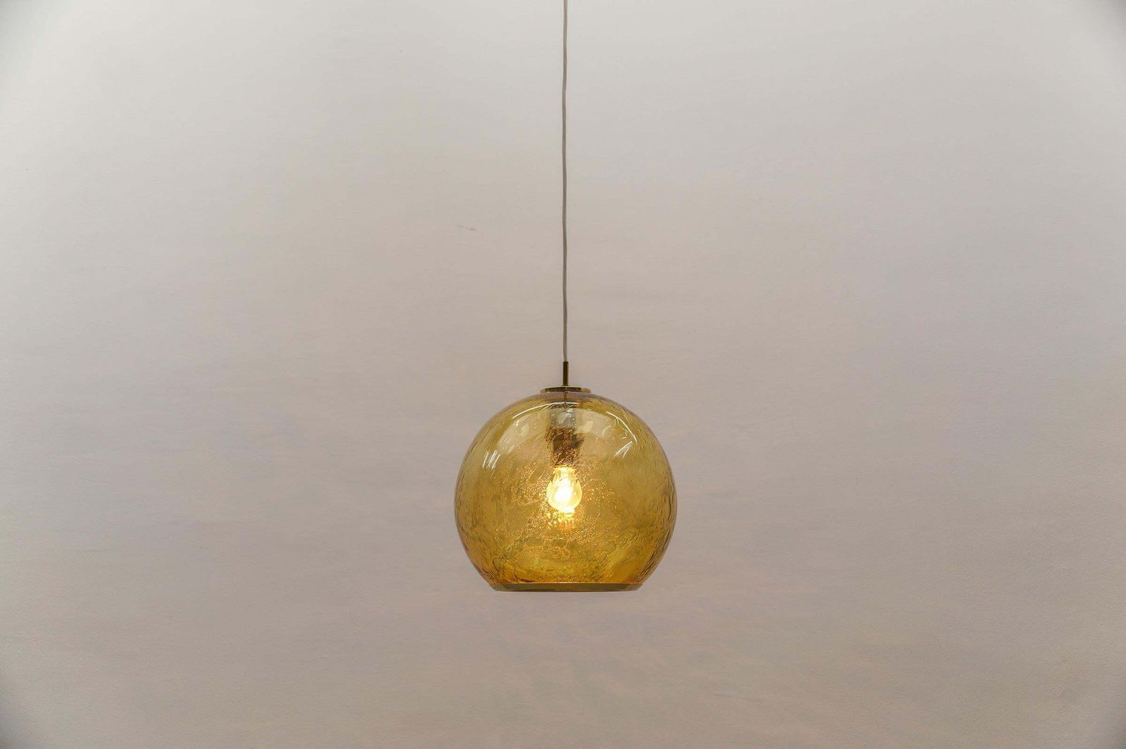 Lovely Yellow Glass Ball And Brass Pendant Lamp By Doria,   1960s Germany photo for sale