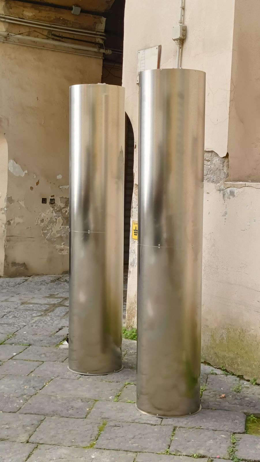 Pair Of Cylindrical Chrome Metal Floor Lamps, Italy 1980s photo vintage