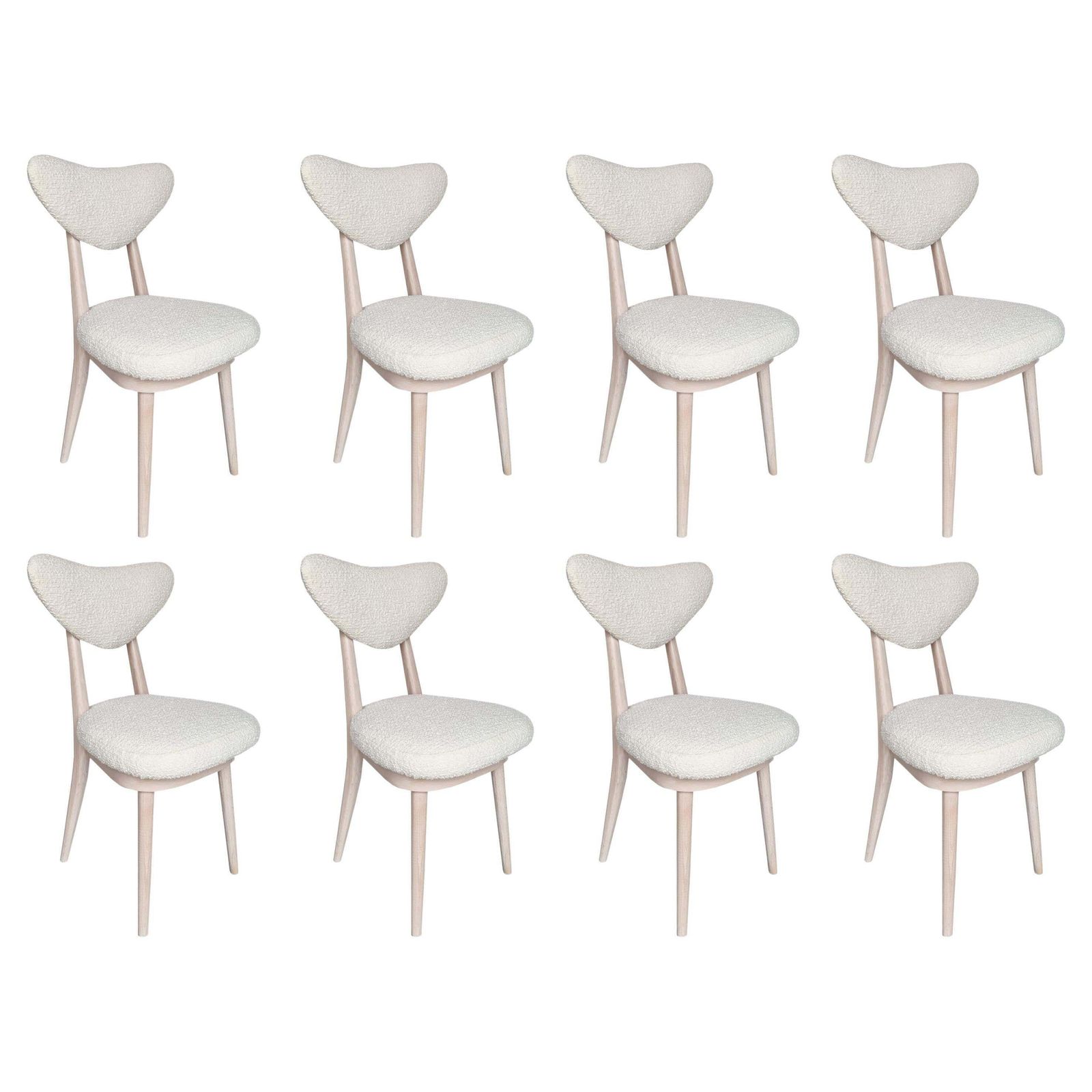 Set Of Eight Mid Century Heart Chairs White Boucle Fabric, Europe, 1960s