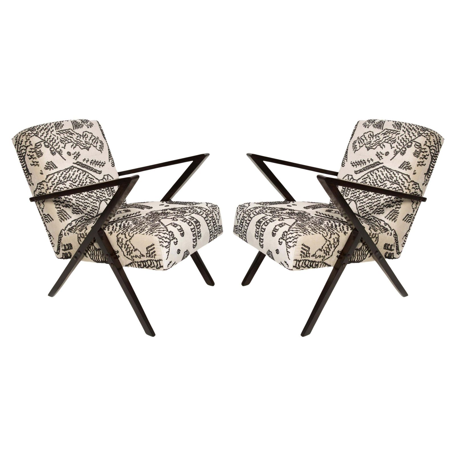 Two Mid Century Zet Armchairs, Tiger Mountain Jacquard By Dedar, 1970s, Europe