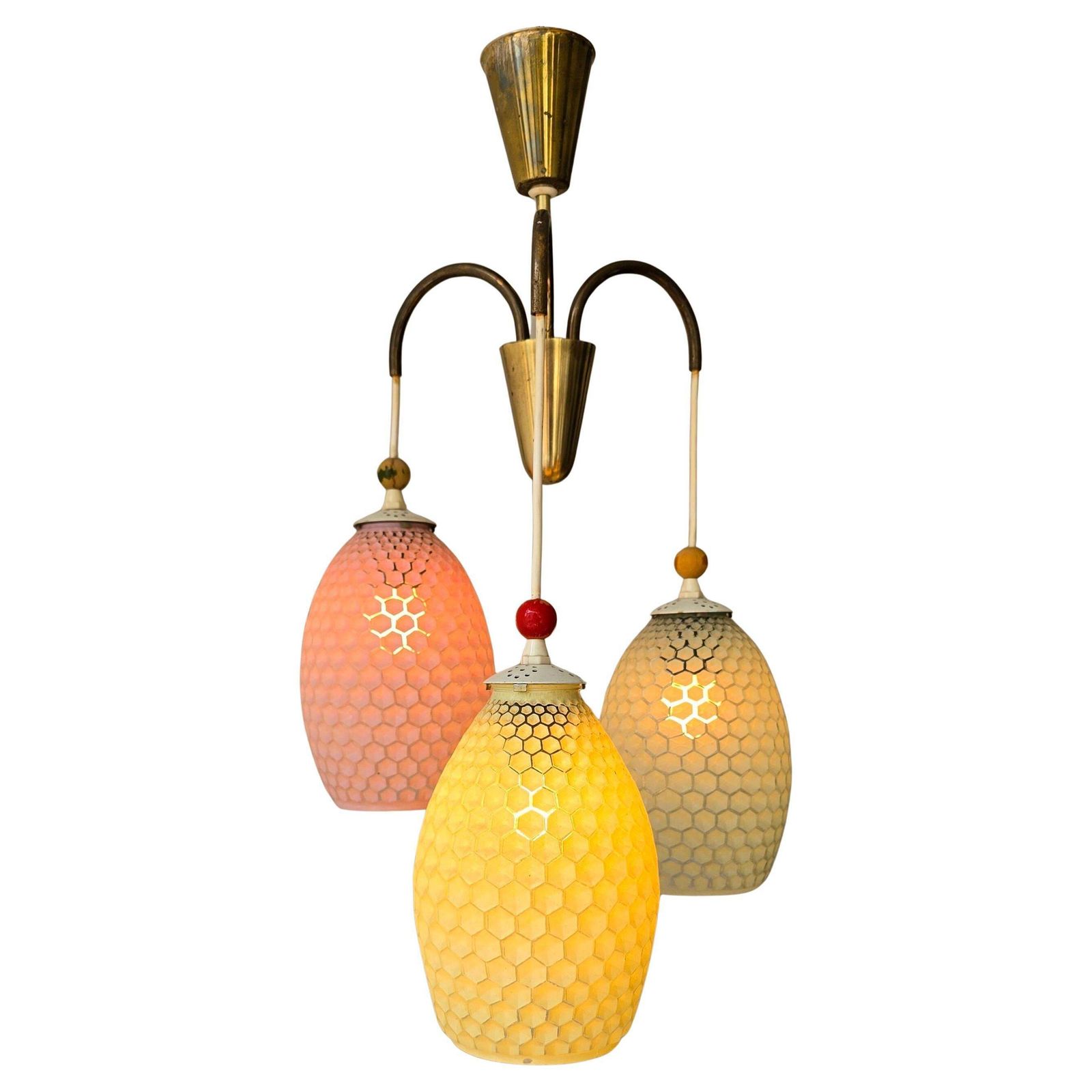 Mid Century Honeycomb Glass Pendant With Brass – Ukraine, 1950s