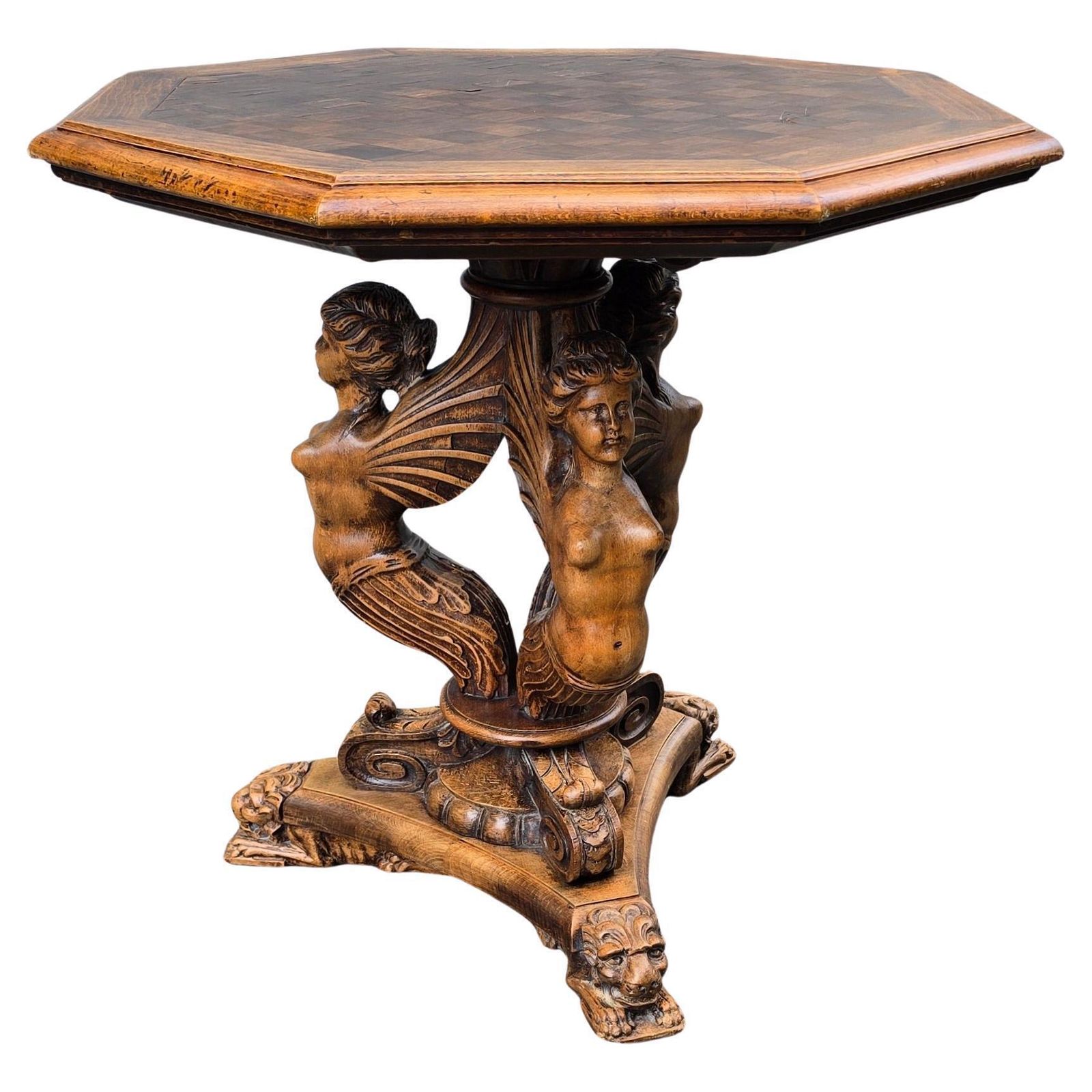 19th Century Italian Table With Carved Female Sphinxes And Lions