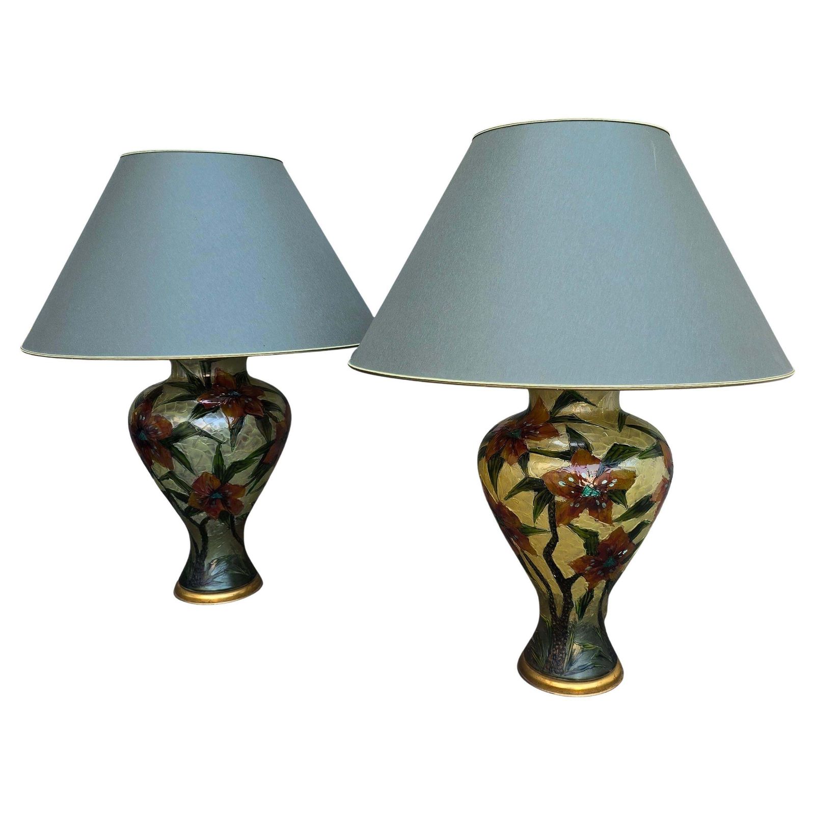 Pair Of Hand Painted Floral Glass Table Lamps – Italy, Circa 1980