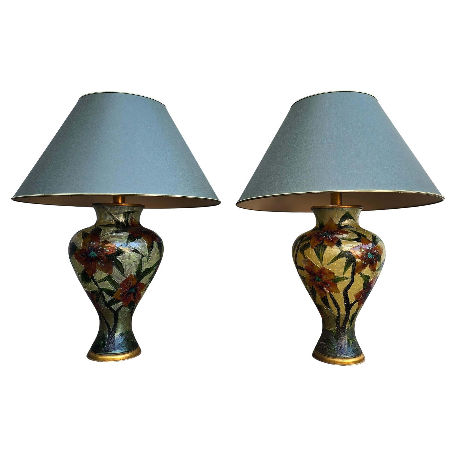 Pair Of Hand Painted Floral Glass Table Lamps – Italy, Circa 1980 photo furniture