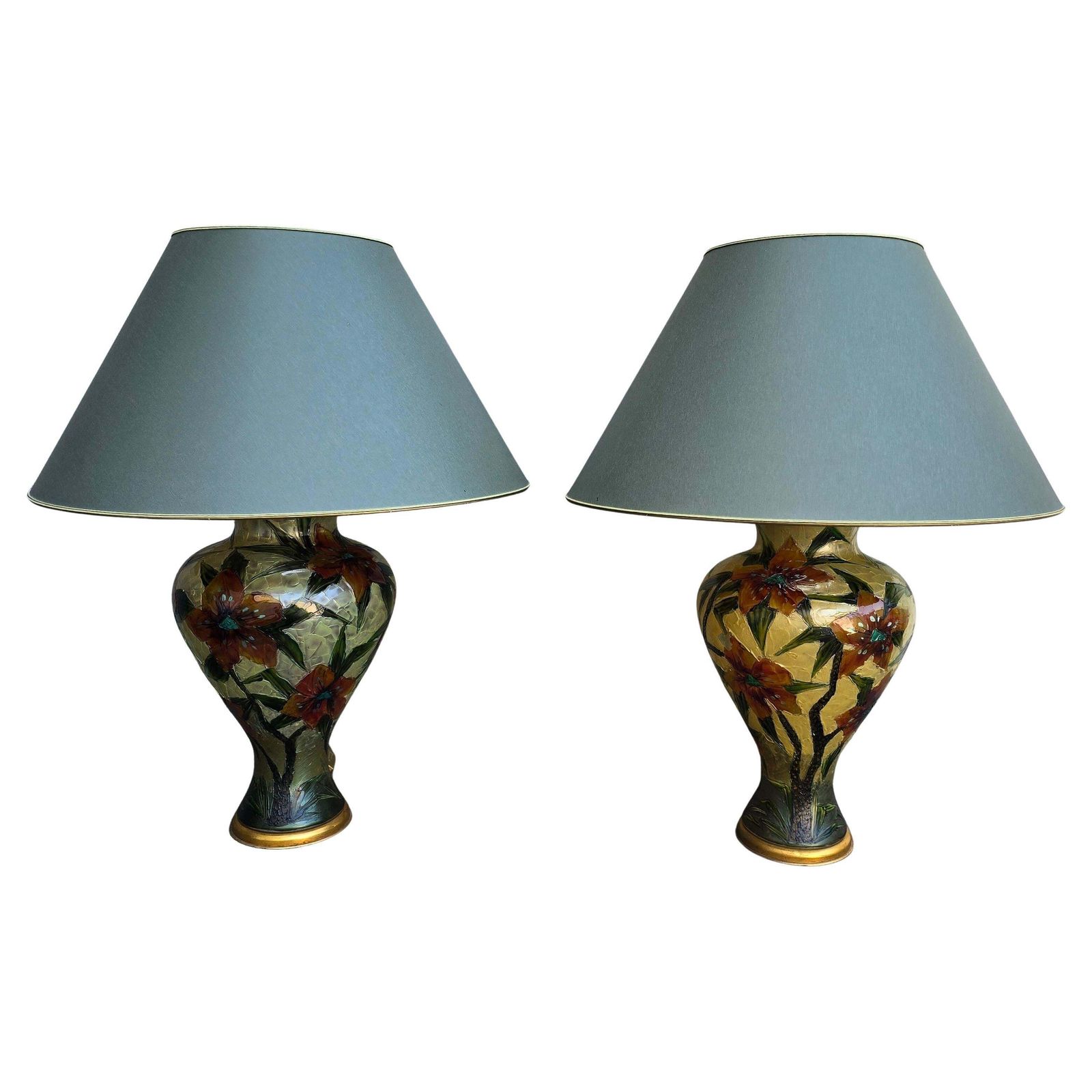 Pair Of Hand Painted Floral Glass Table Lamps – Italy, Circa 1980 photo for sale