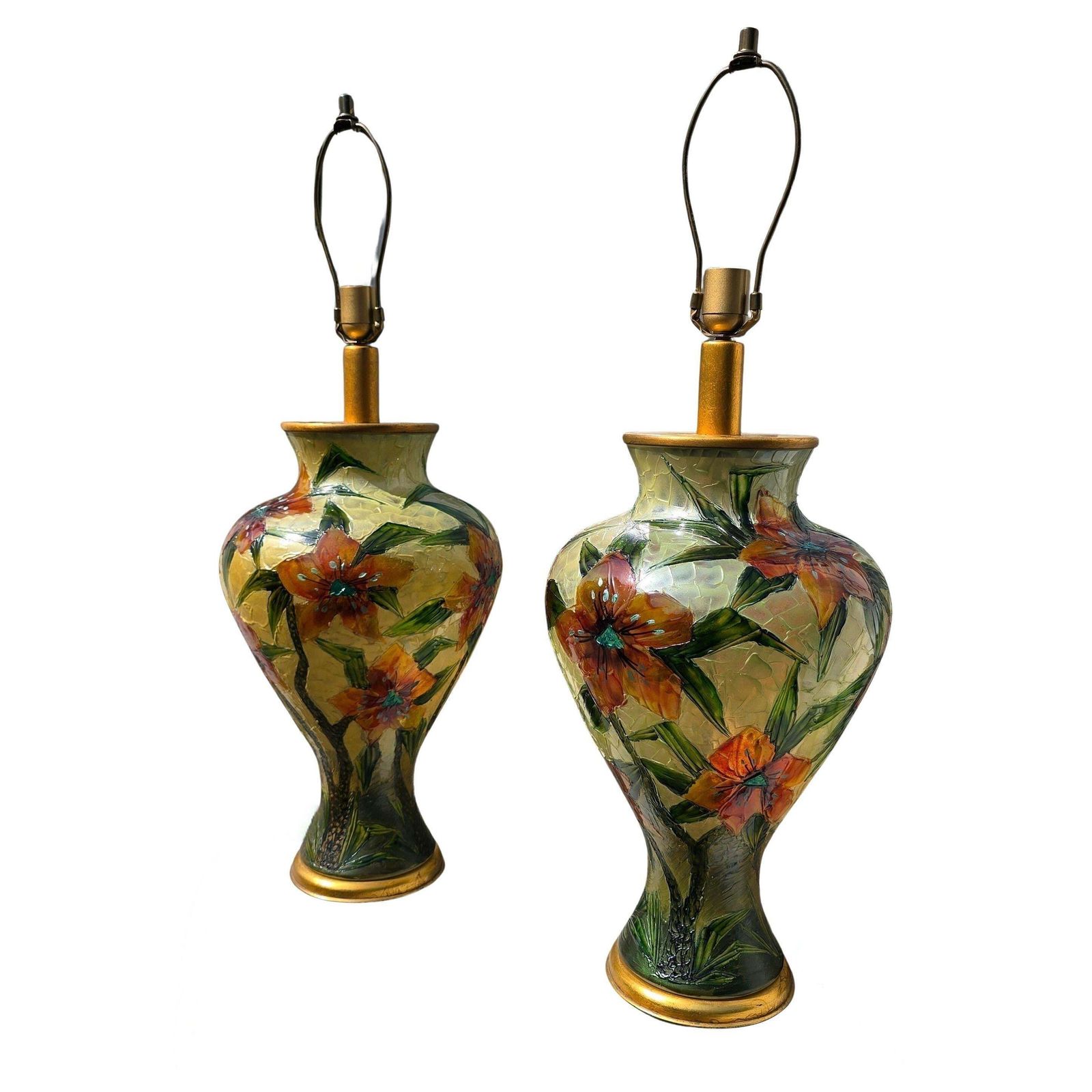 Pair Of Hand Painted Floral Glass Table Lamps – Italy, Circa 1980 photo 4035.0