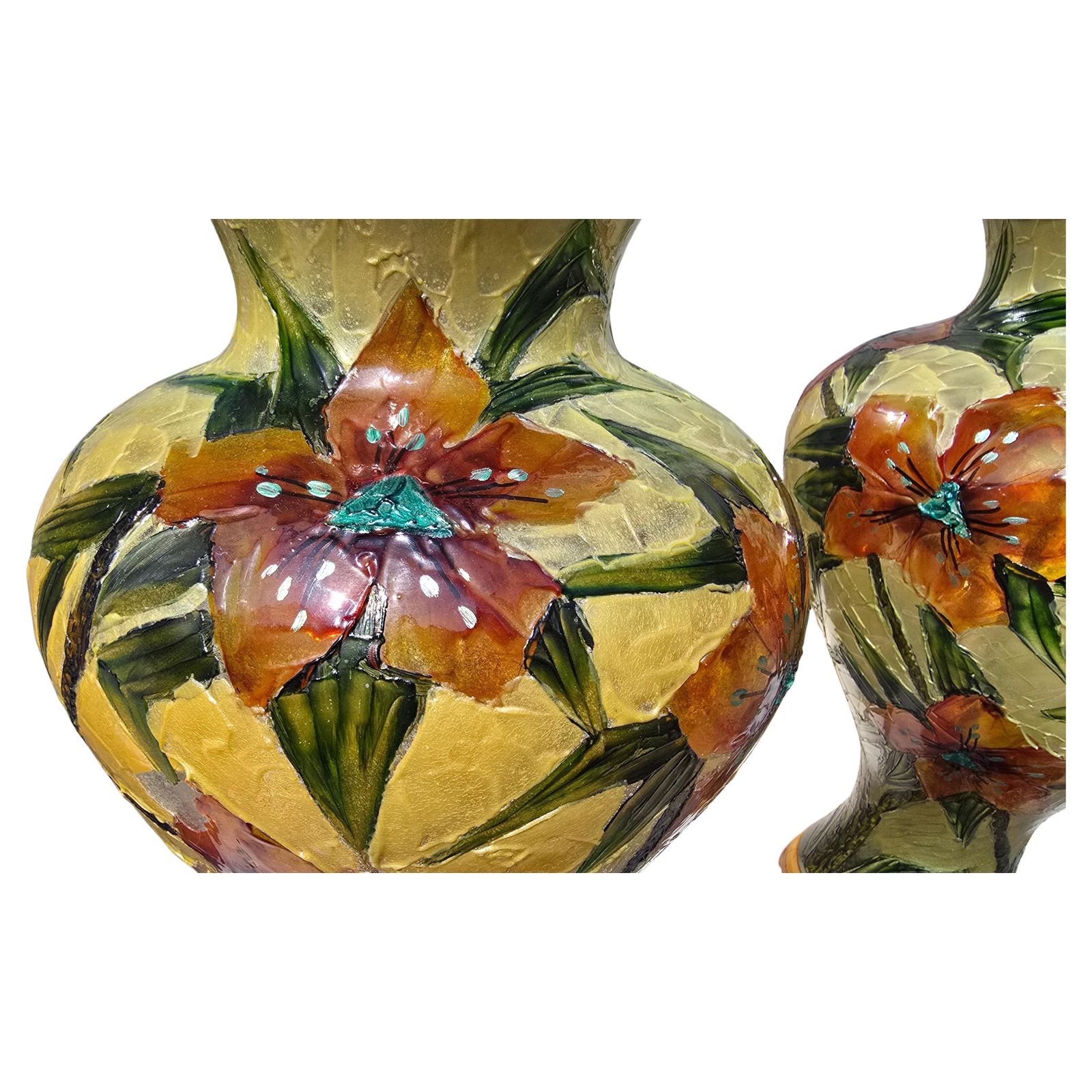 Pair Of Hand Painted Floral Glass Table Lamps – Italy, Circa 1980 photo vintage