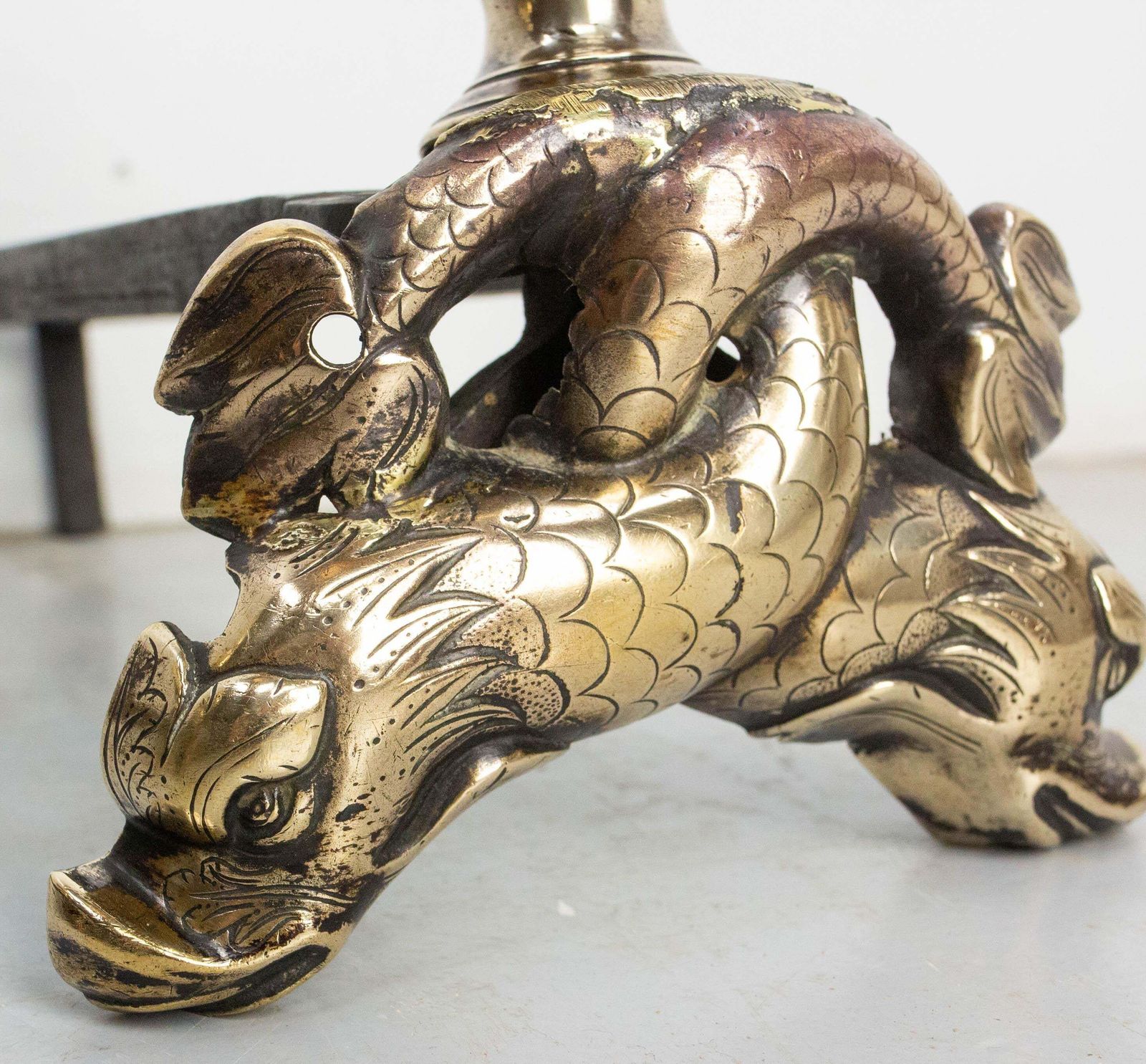 Pair Of Louis XIV Bronze & Wrought Iron Dolphin Andirons, France, Late 17th C photo vintage