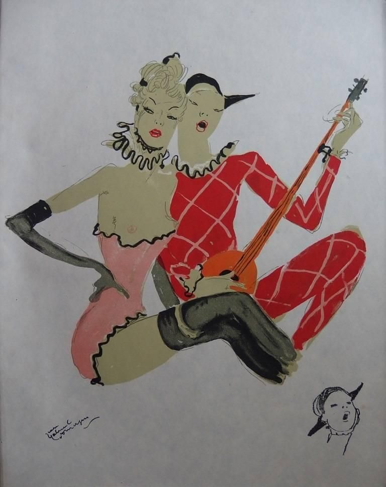 Jean Gabriel Domergueat The Cabaret : Nude And Harlequine   Original Lithograph   Mourlot, 19561956
