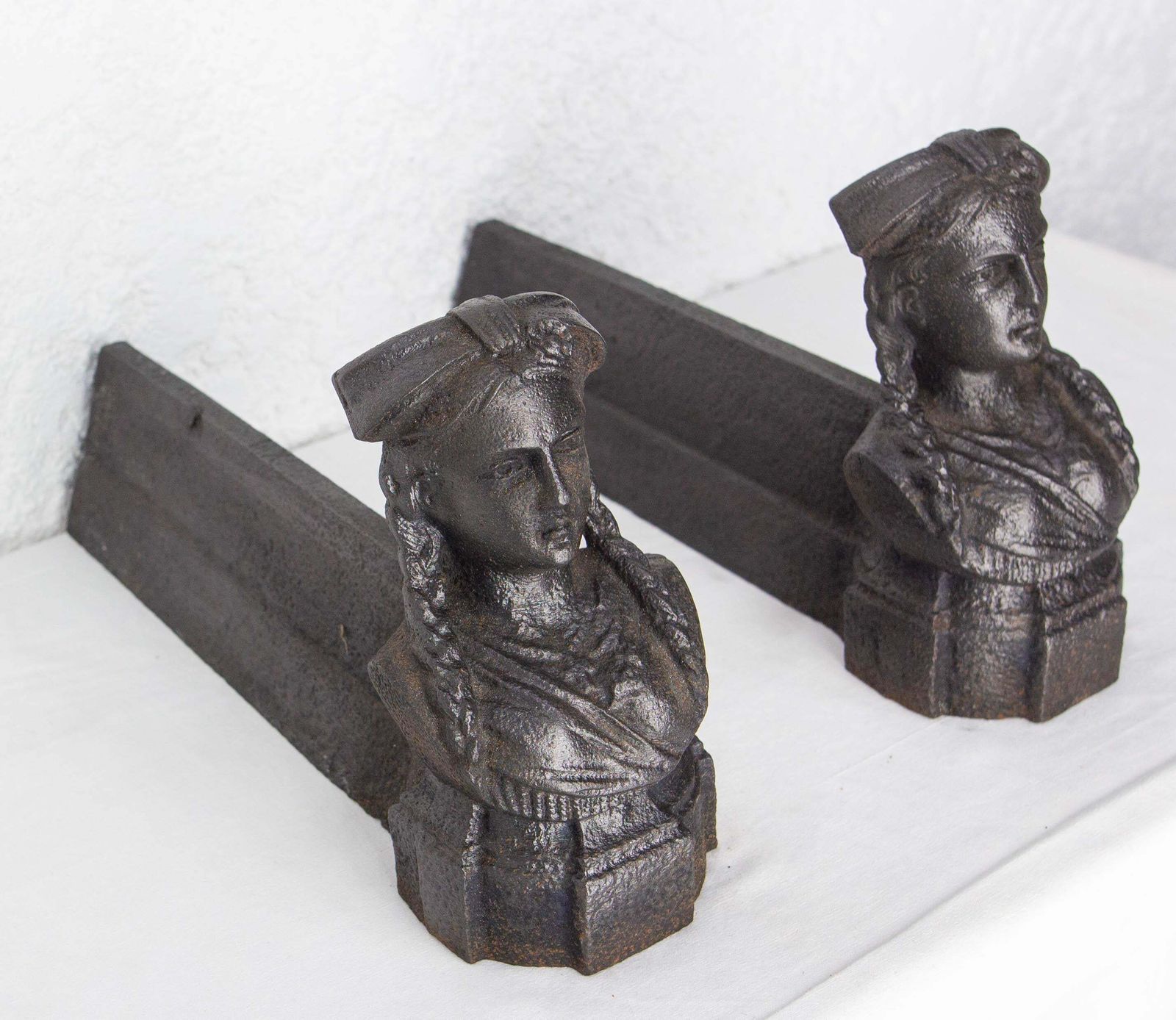 Pair Of Napoléon III Wrought Iron Andirons Bust Woman Braids France, Circa 1890 photo furniture