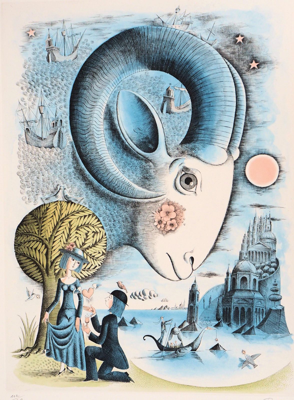 Raymond Peynetastrology, The Zodiac : Aries   Original Etching Handsigned, 19791979 photo for sale