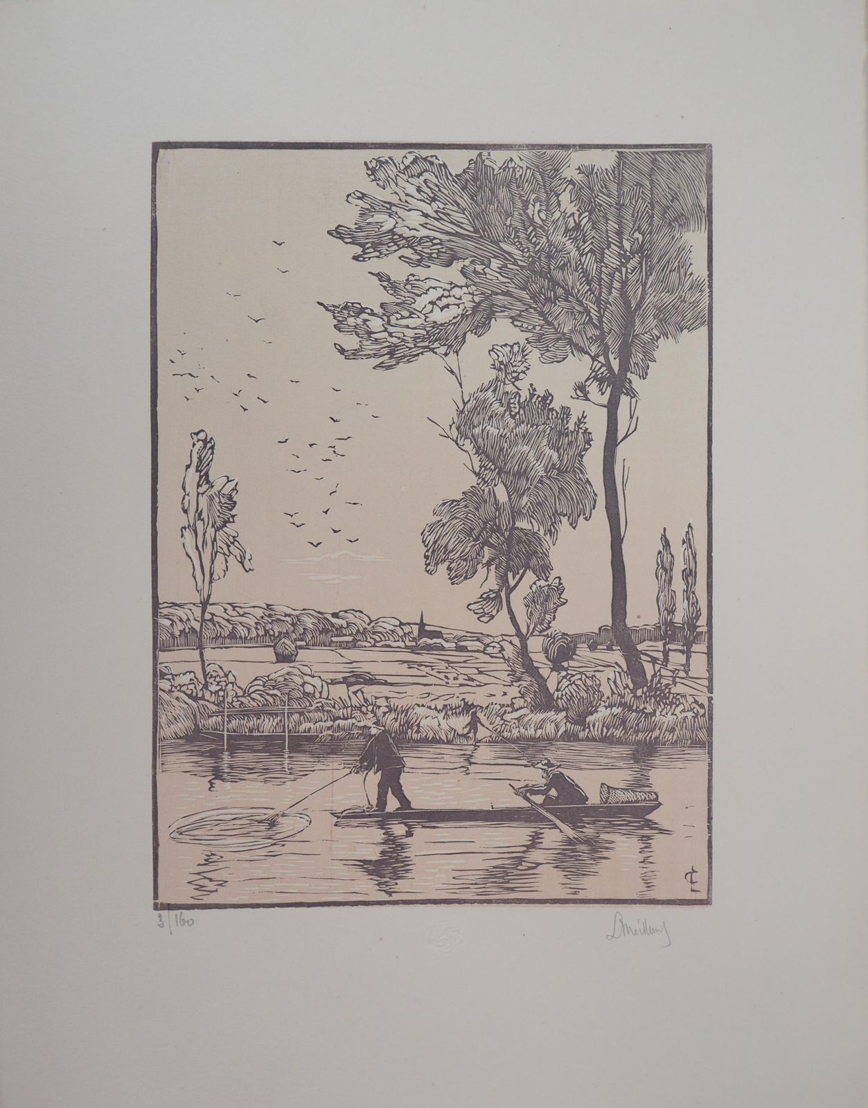 Georges Le Meilleurfisherman On The River   Original Wooodcut, Handsigned1926