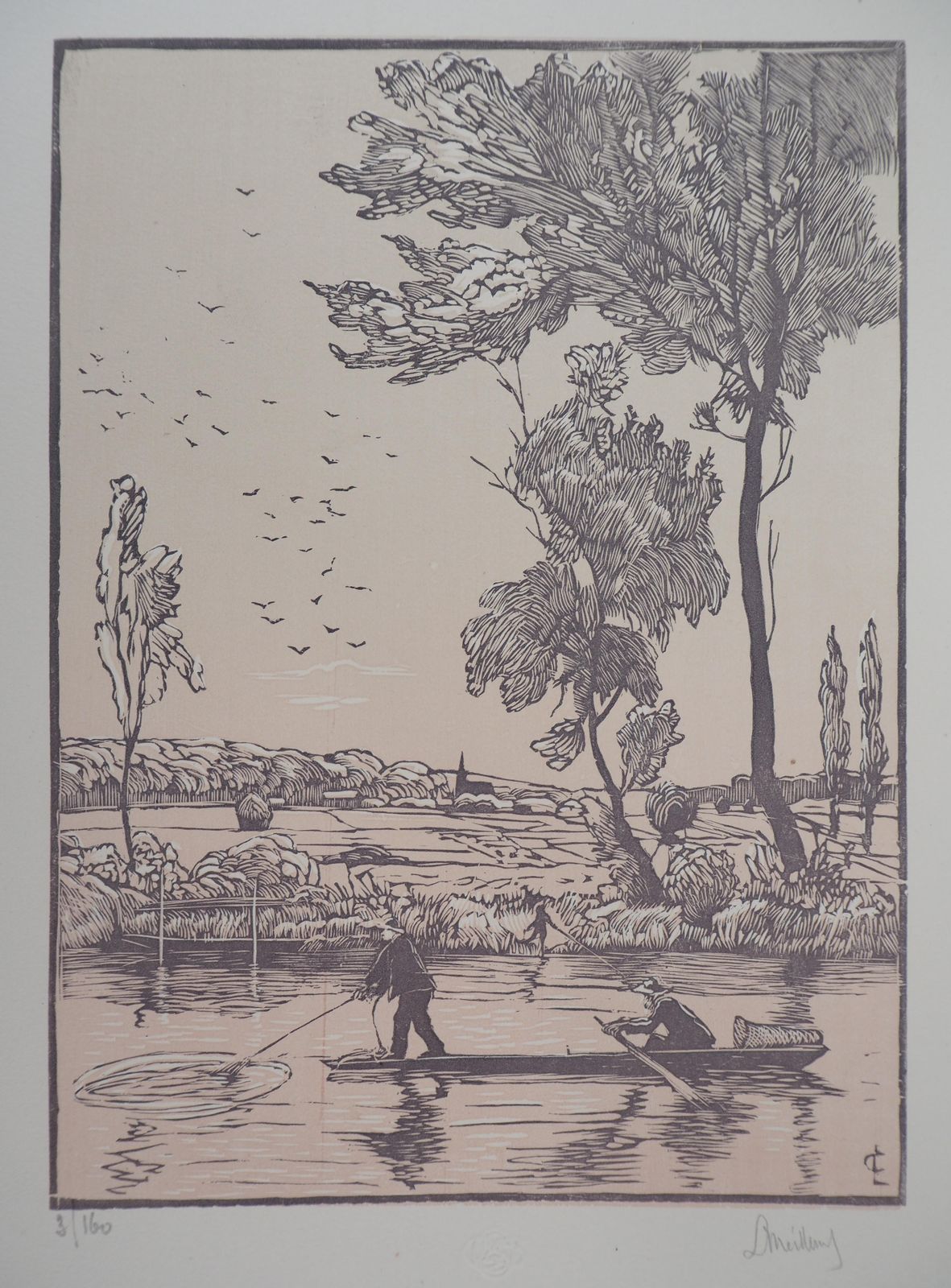 Georges Le Meilleurfisherman On The River   Original Wooodcut, Handsigned1926 photo furniture