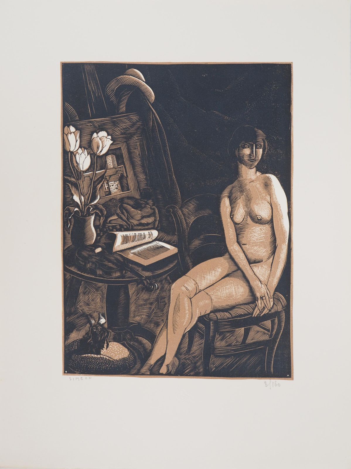 Fernand Simeon Nude Model Reading With Her Dog   Original Wooodcut, Handsigned & Numbered /1601925 photo furniture