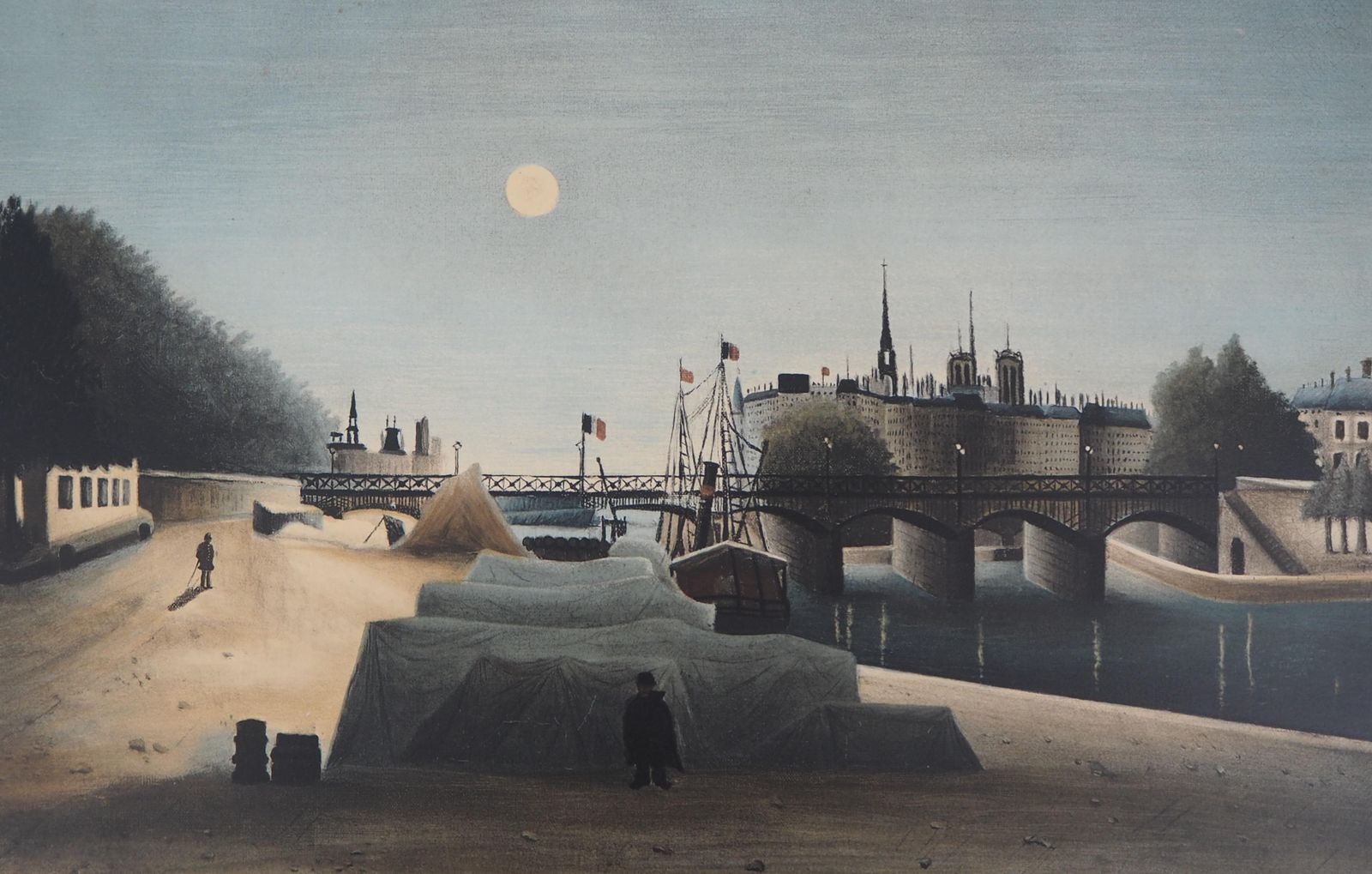 Paris : Seine River And Notre Dame Church   Stone Lithograph1976 photo Art