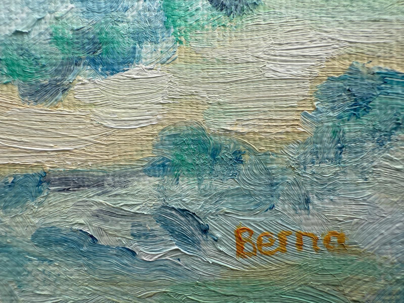 photo for sale Bernadette Van Baarsen Blue And White Beach Scene In Oil On Linen. 'Sous Un Parasol. No.1'.2025