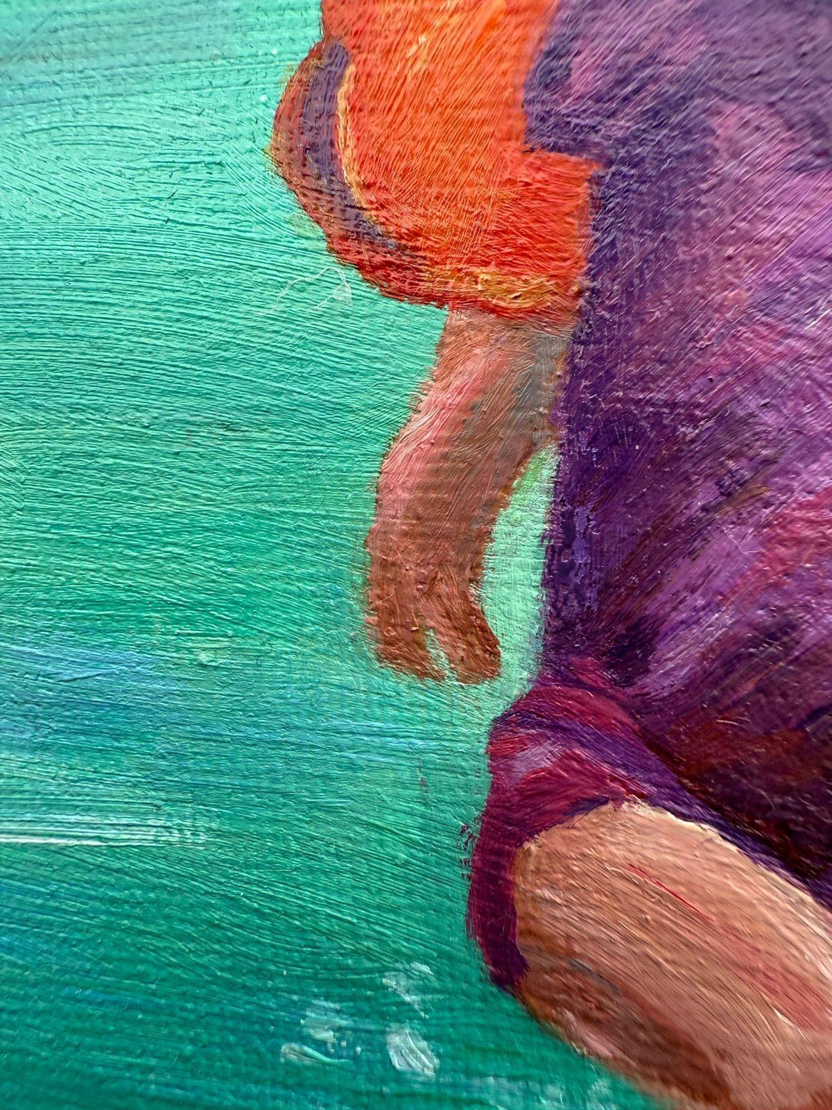Bernadette Van Baarsen Blue And Yellow Beach Scene In Oil On Linen. 'Ballon De Plage No.1'2025 photo Art