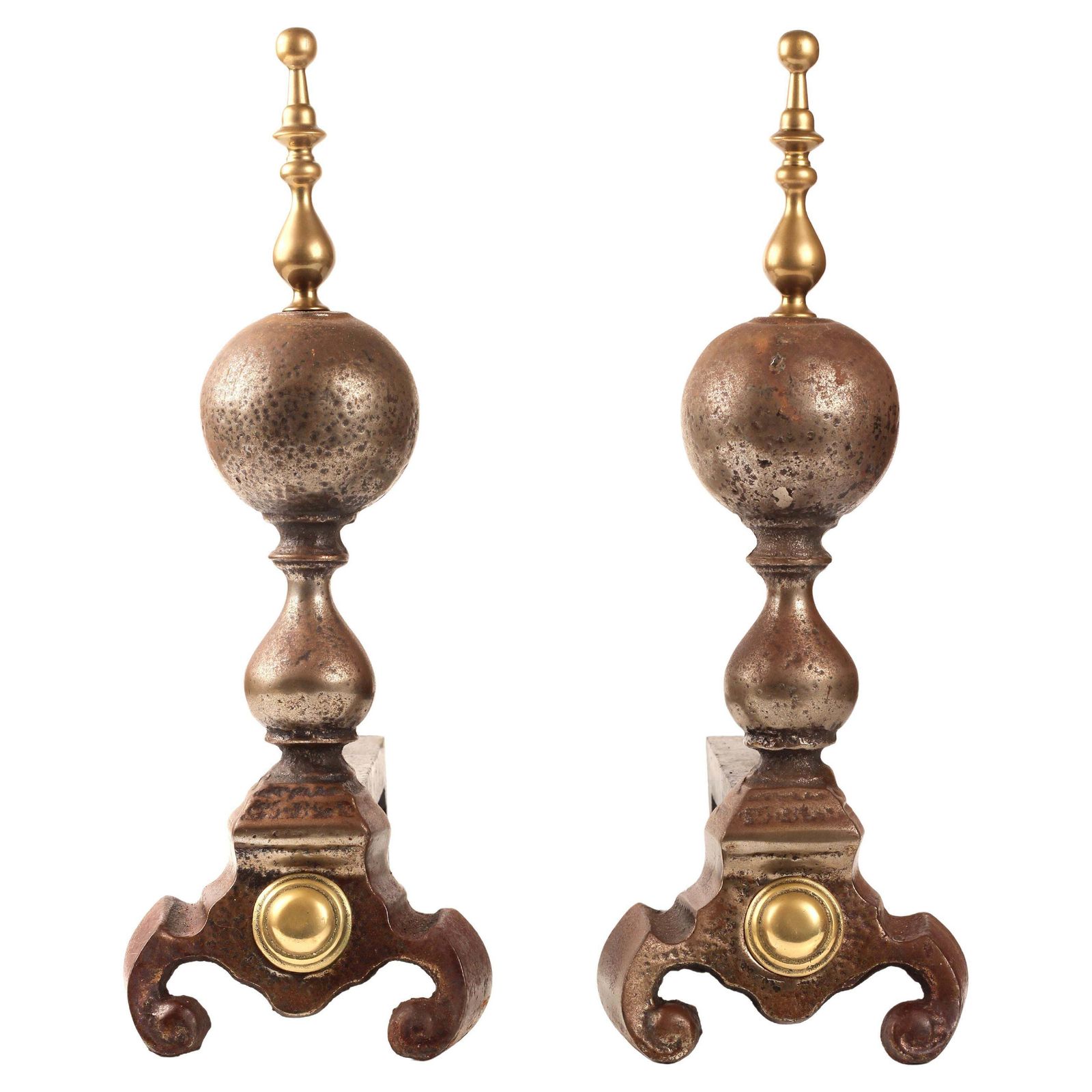 Victorian 19th Century Iron, Brass, And Steel Firedogs / Andirons