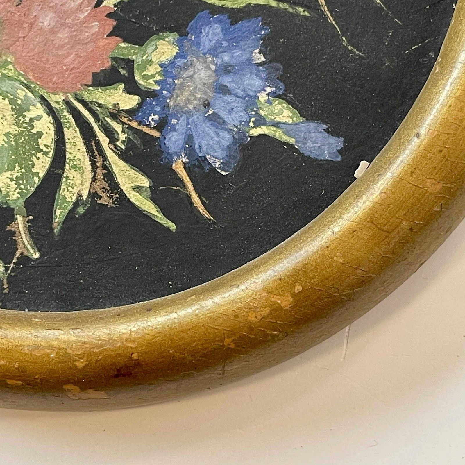 Antique Cute Round Oil Painting With Motive Of Wild Scandinavian Summer Flowers In Great Colours photo vinterior