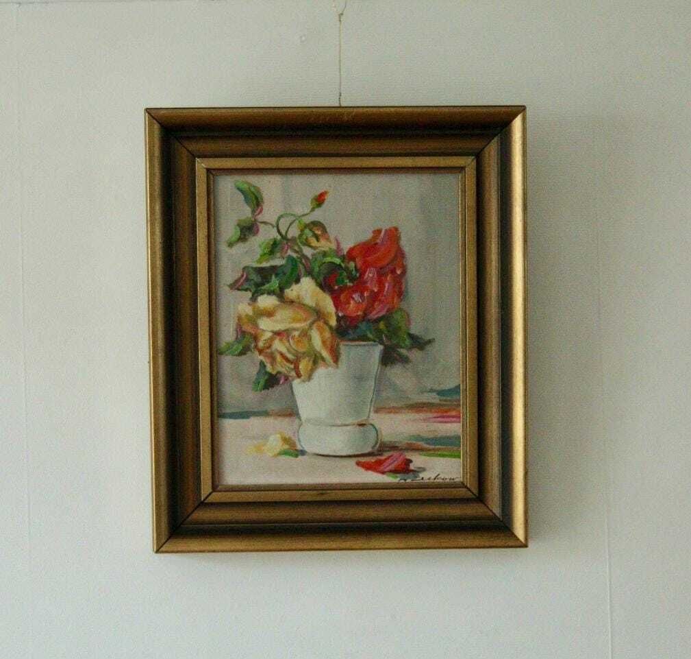 Original Swedish Oil On Panel – “Still Life: Vase Of Roses” – Signed & Framed, 40.5 X 34.5 Cm (15.9 X 13.6 In) photo furniture