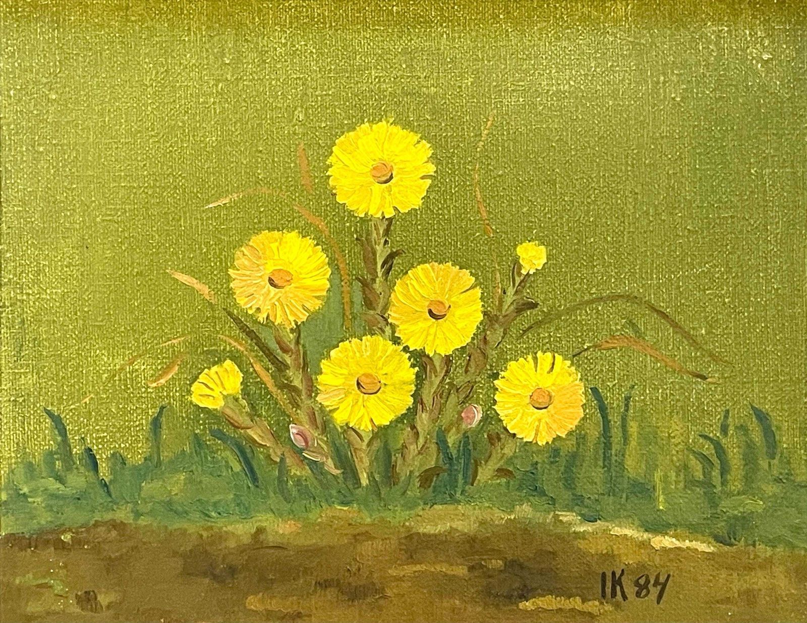 Still Life Vintage Postmodern Danish Original Oil On Canvas 1980s Painting With Yellow Flowers In The Garden With Green Background photo Art