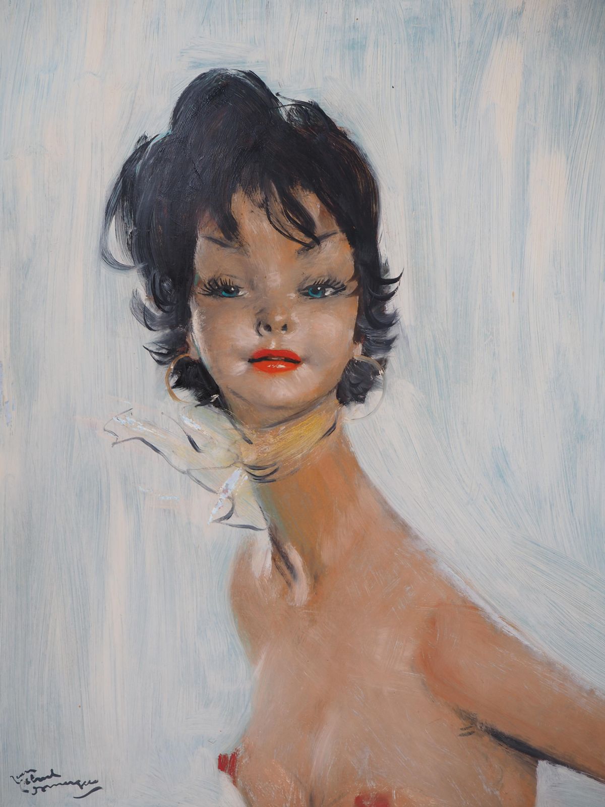 Jean Gabriel Domergue Maria, Nude On Blue Background   Original Oil Painting, Handsigned photo for sale