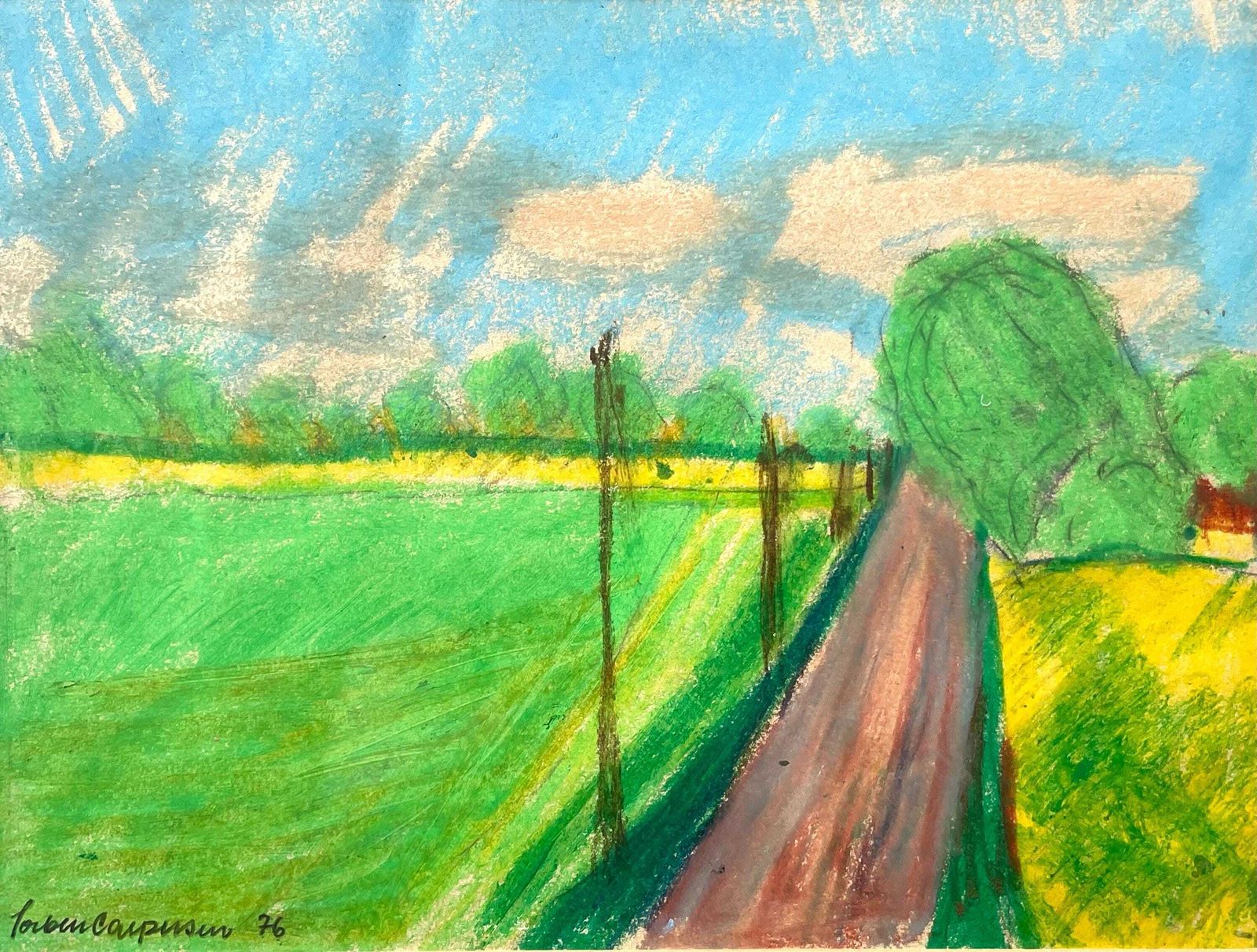 Mid 20th Century Danish Vintage Pastel On Paper Drawing From The 1970s By Torben Caspersen With Landscape Motive Of Dirt Road And Trees photo for sale