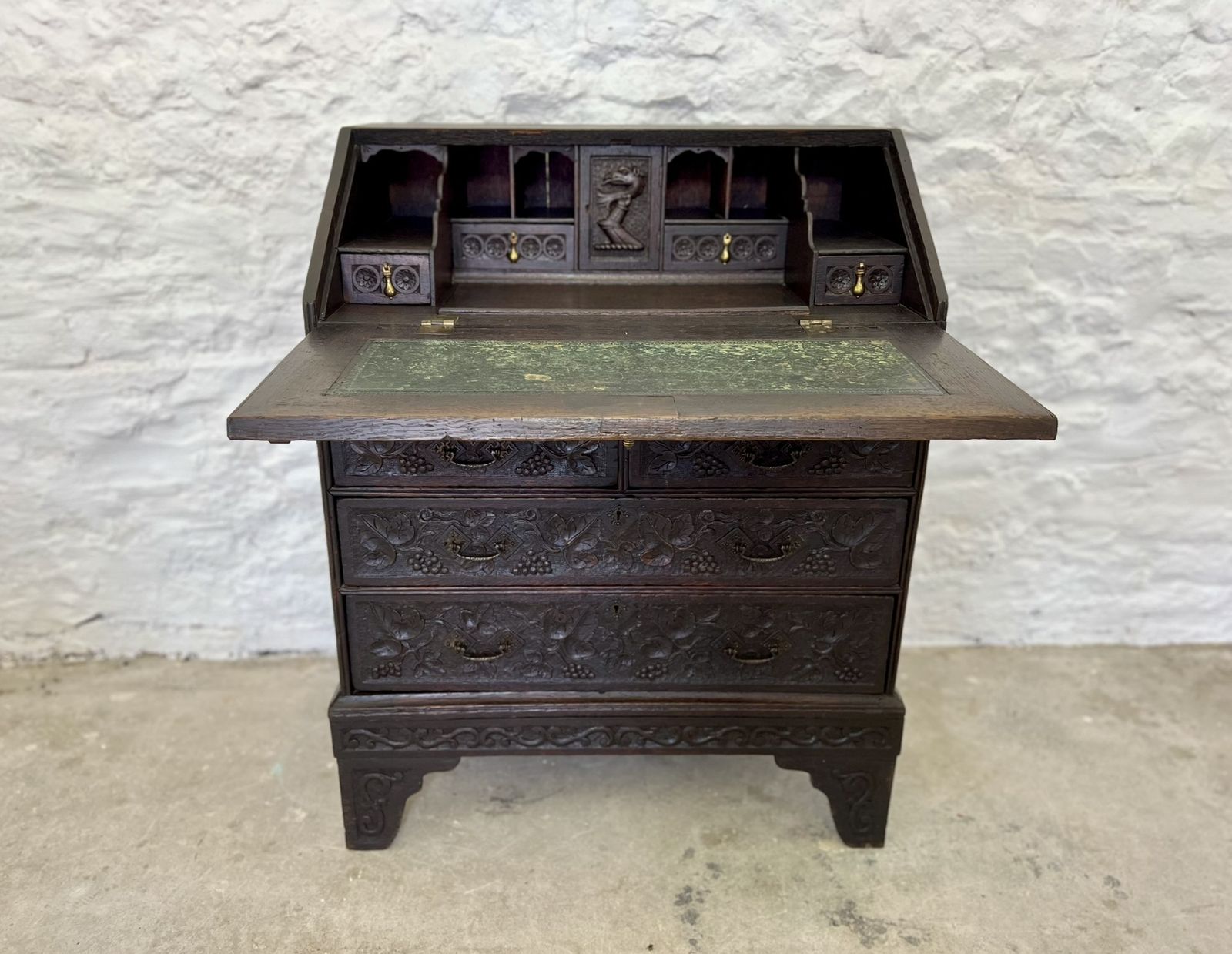 Antique Carved English Oak Chinoiserie Bureau Chest Secretary Writing Desk Secretaire With Drawers photo vinterior