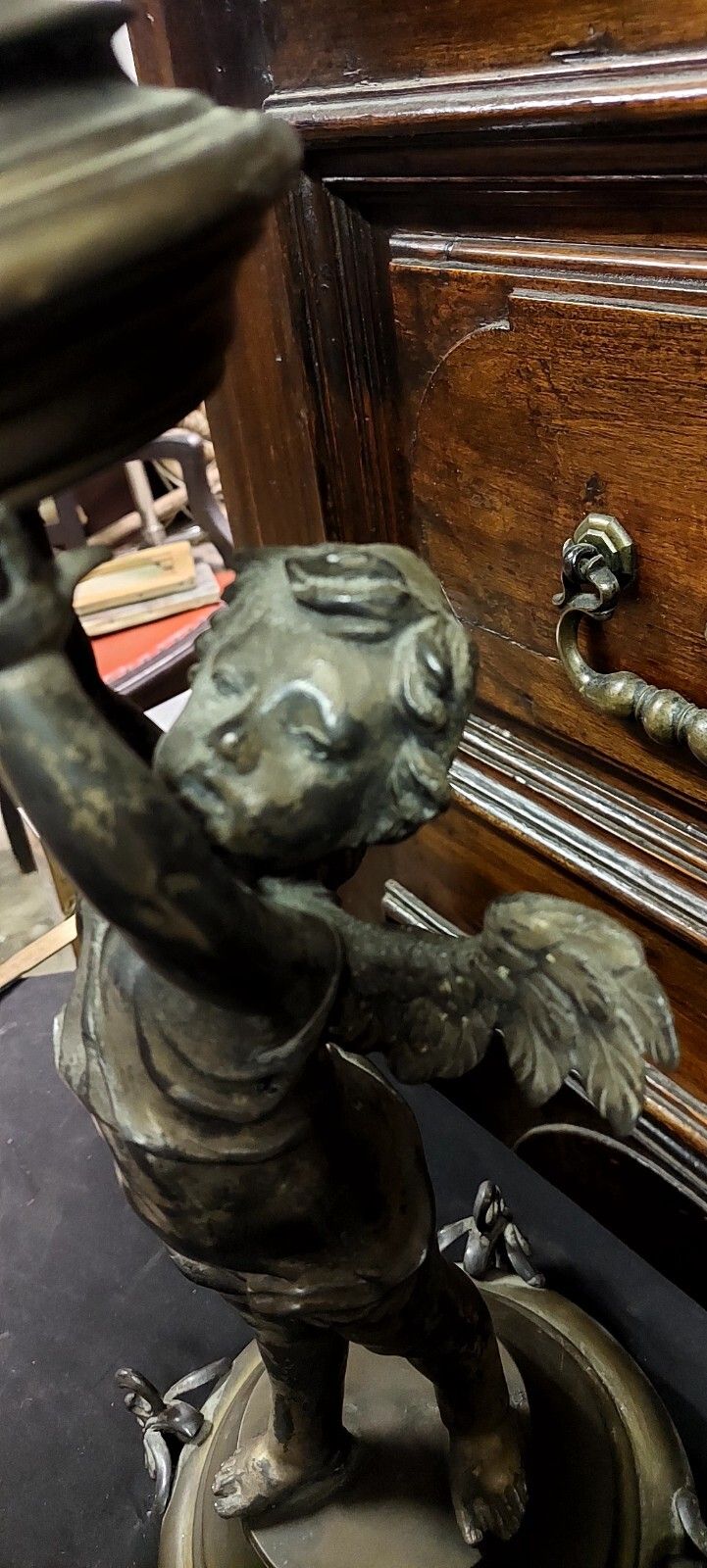 Antique Oil Lamp Putto 19th Century Antimony Brass Glass photo for sale