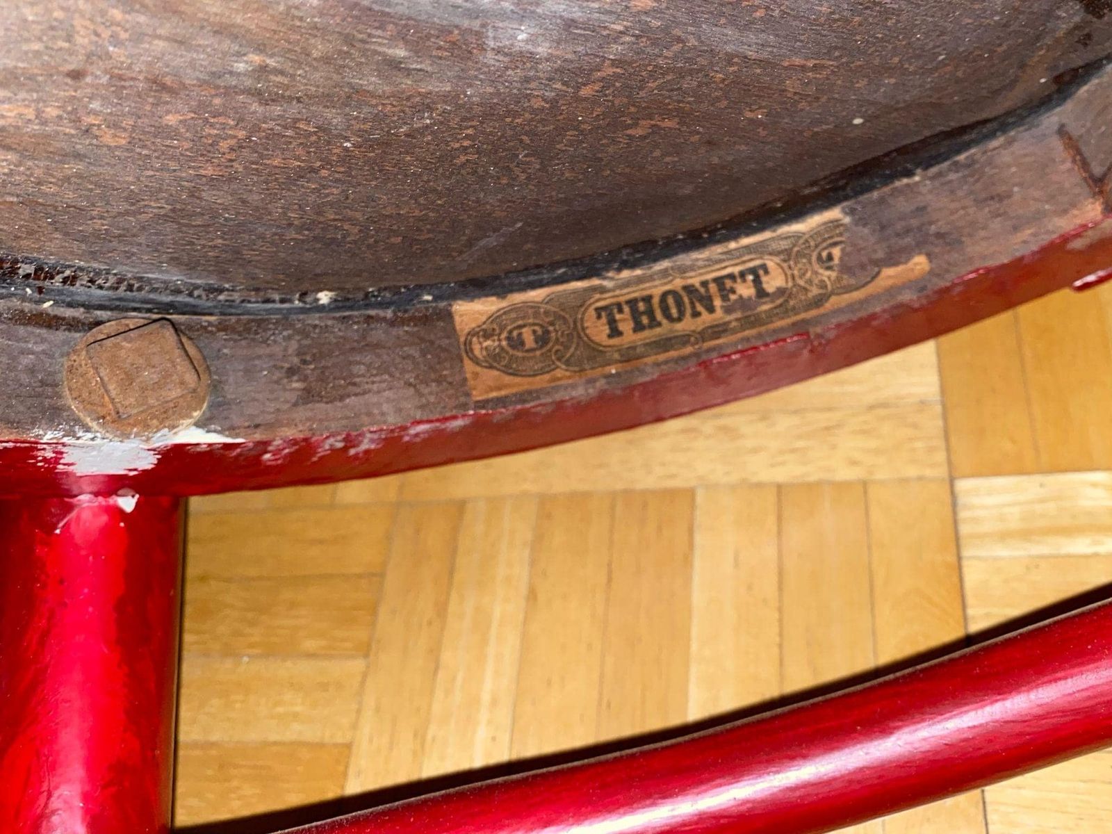 photo for sale Thonet Bentwood Set Of Two Antique Red Wooden Bistro Chairs / Vintage Decor Furniture